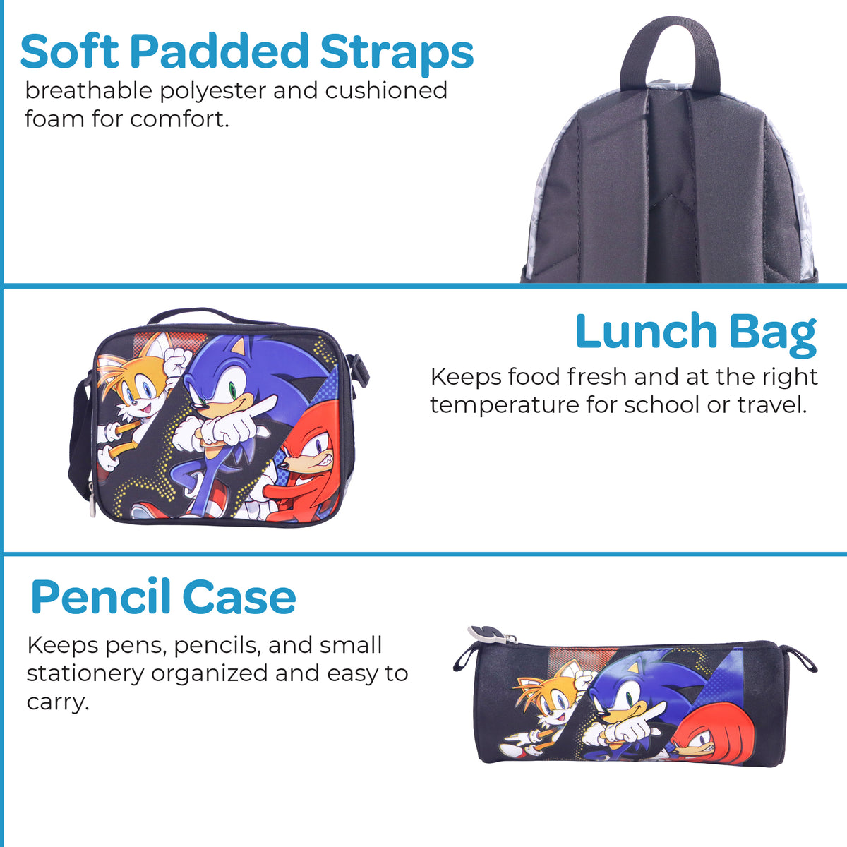 MOON Licensed SONIC  the Hedgehog 3 in 1 Kids Backpack Set