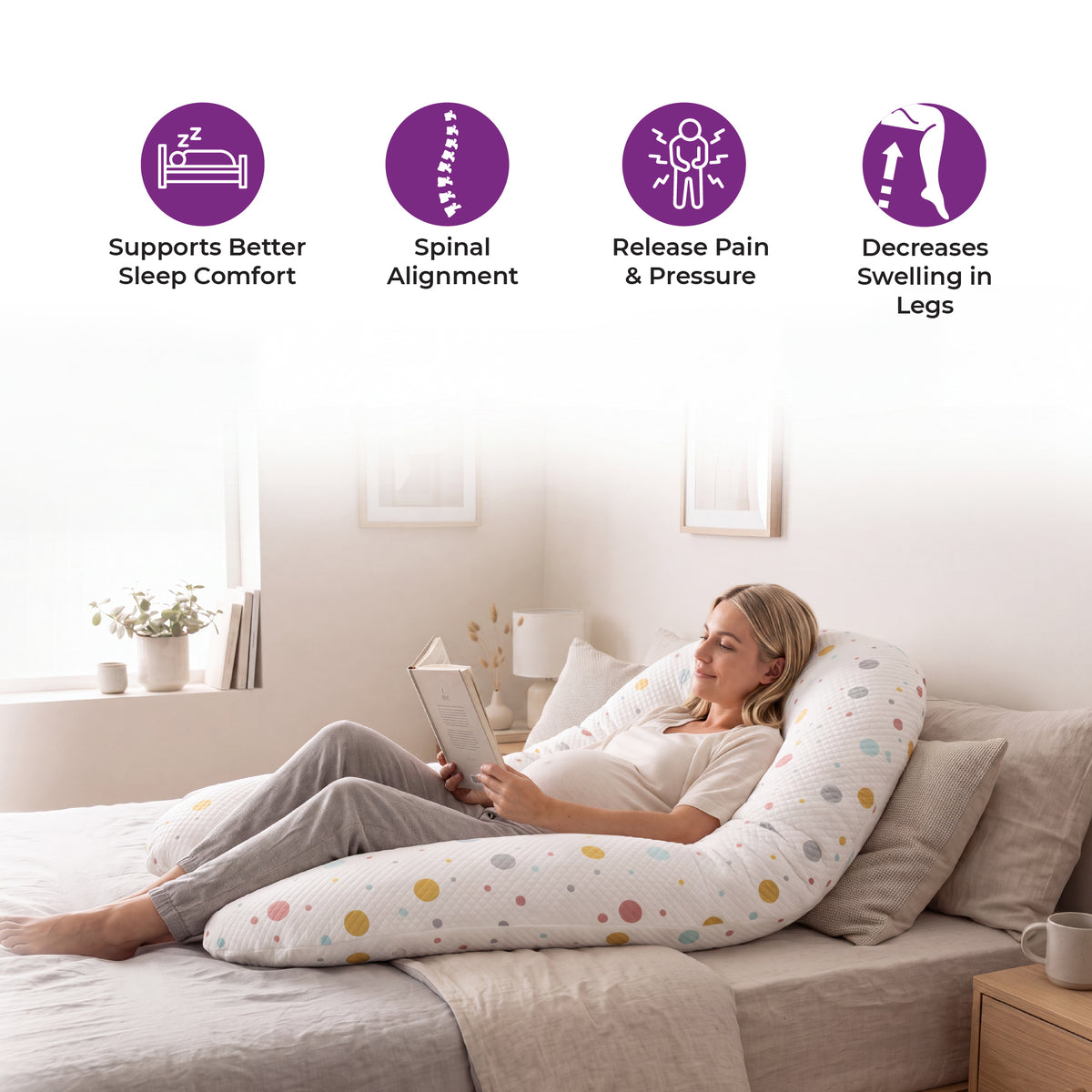 MOON Pregnancy Pillow – U-Shaped Full Body Maternity Support – Polka