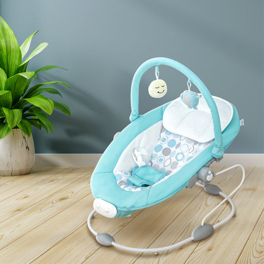 MOON Hopper Baby Bouncer (Blue) / MOON Organic Sleep Gown Set of 2 (Grey zig-zag Print) / MOON Tiny Tots Foot Rattle