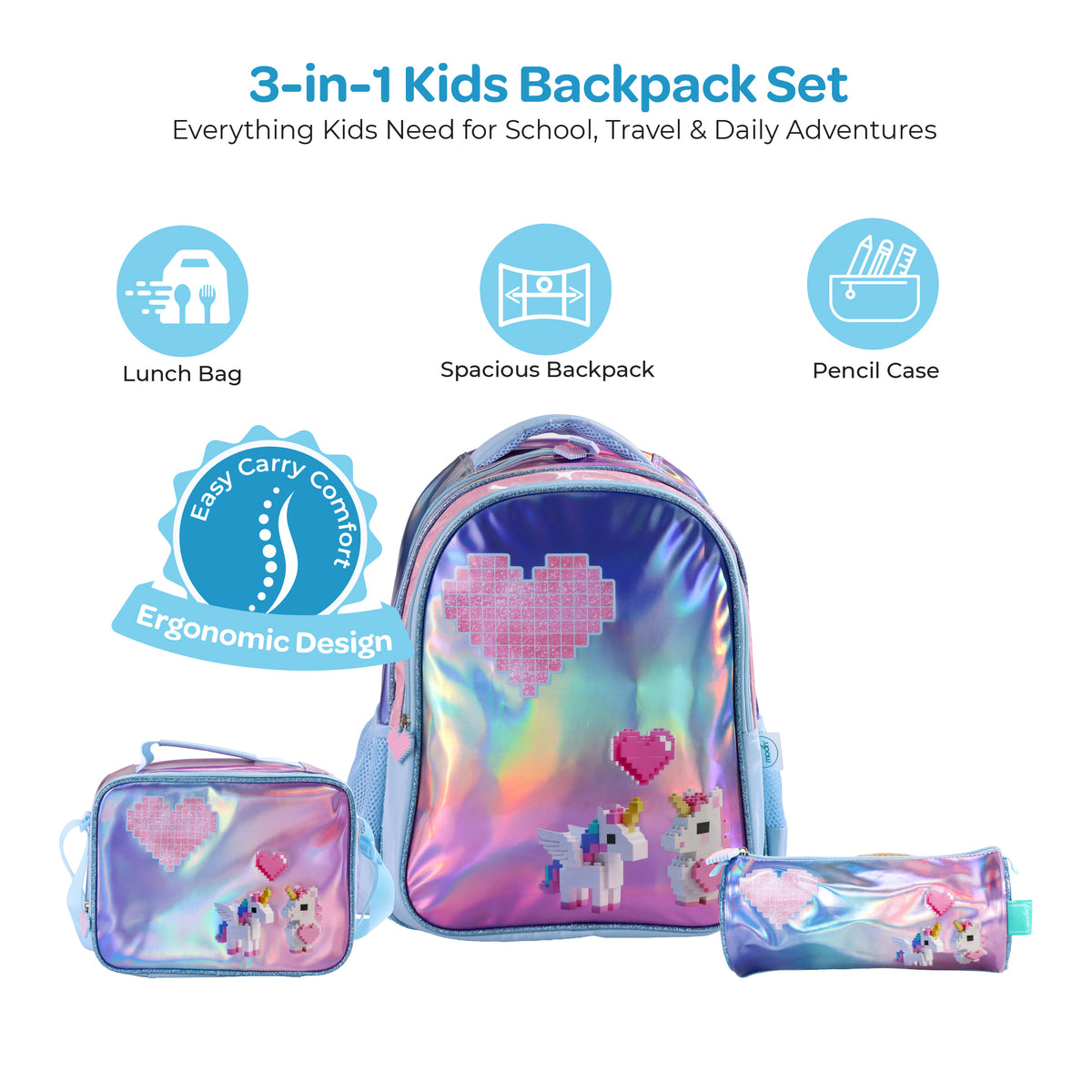 MOON Unicorn Backpack Set for Girls 3 in 1