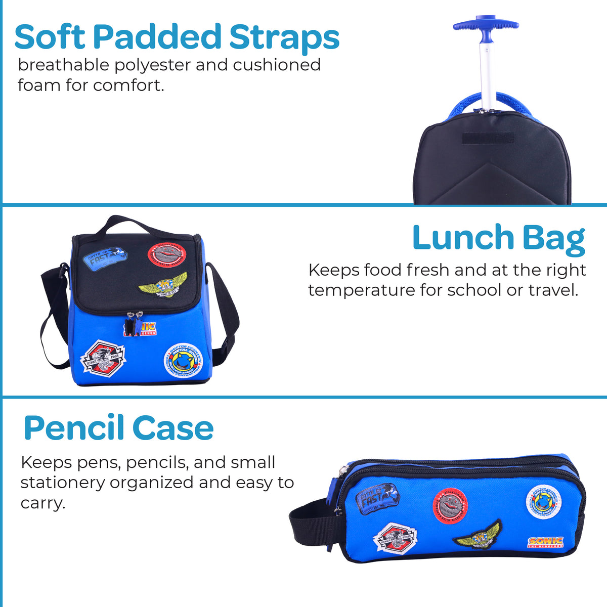 MOON Licensed SONIC the Hedgehog 3-in-1 Kids Trolley Backpack Set