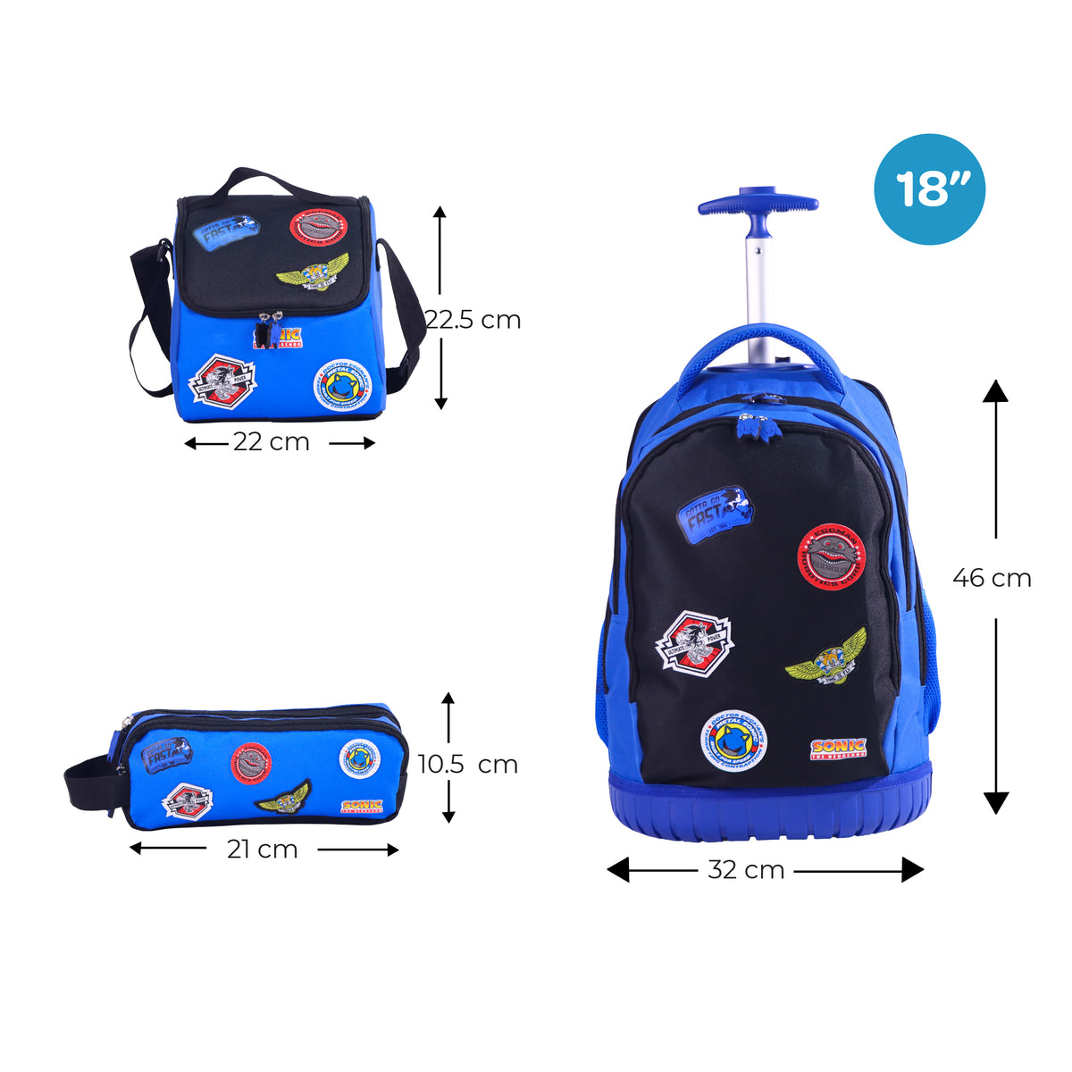 MOON Licensed SONIC the Hedgehog 3-in-1 Kids Trolley Backpack Set