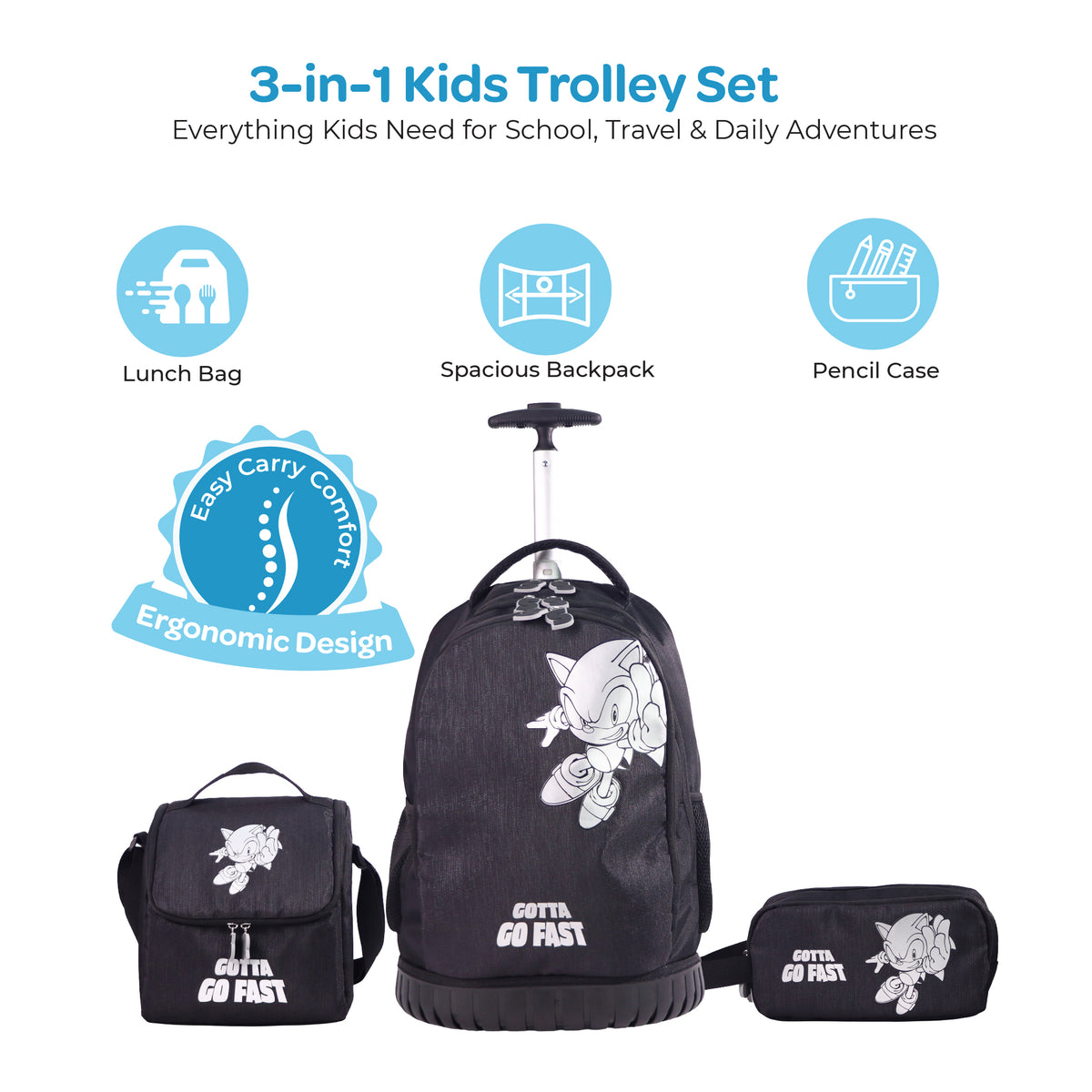 MOON Licensed SONIC the Hedgehog 3-in-1 Kids Trolley Backpack Set