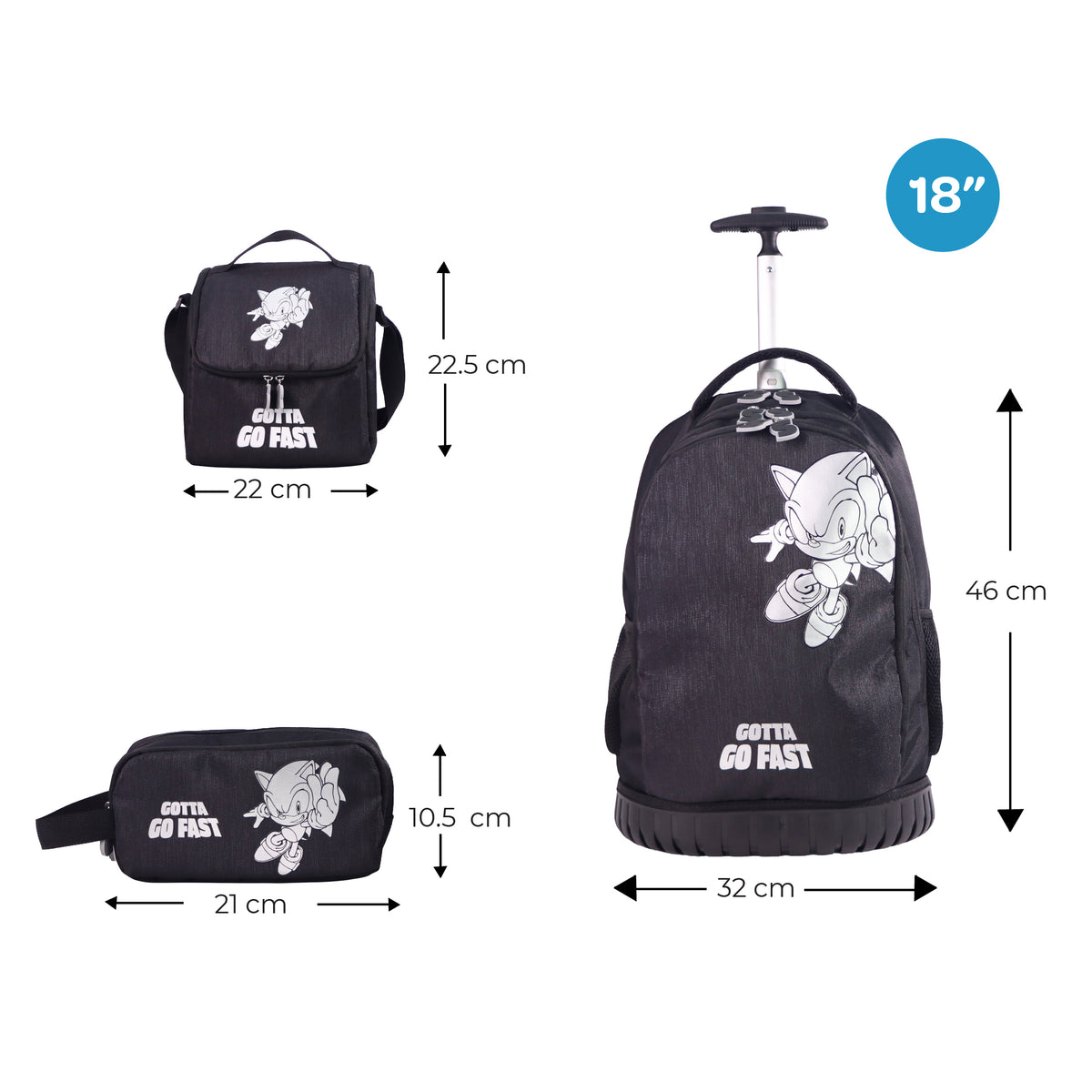 MOON Licensed SONIC the Hedgehog 3-in-1 Kids Trolley Backpack Set