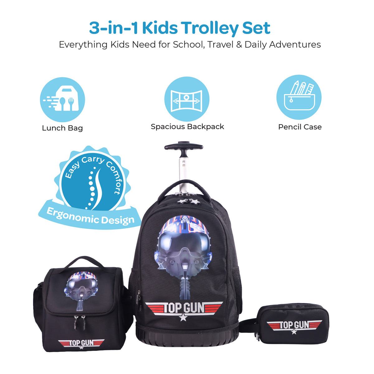 MOON Licensed Top Gun 3-in-1 Kids Trolley Backpack Set