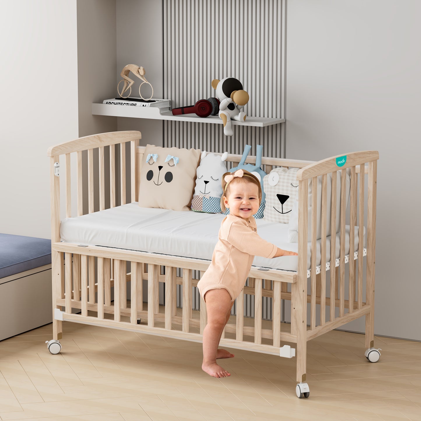 MOON Wooden Portable Crib  - Natural Wood / Baby Crib Organizer/ Crib & Pram Mattress (Classic Foam Moses Basket Mattress)