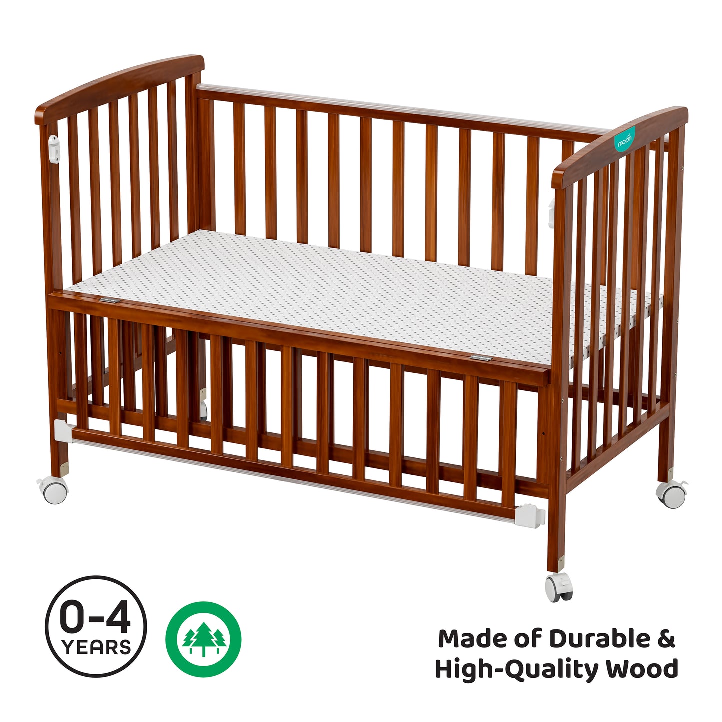 MOON Wooden Portable Crib Brown / Baby Crib Organizer  / Crib & Pram Mattress (Classic Foam Moses Basket Mattress)