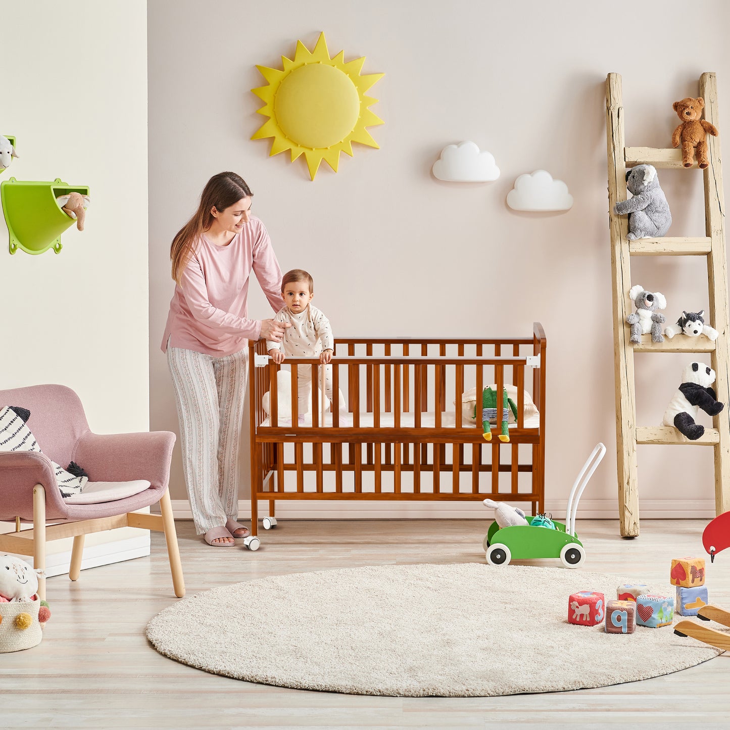 MOON Wooden Portable Crib Brown / Baby Crib Organizer  / Crib & Pram Mattress (Classic Foam Moses Basket Mattress)