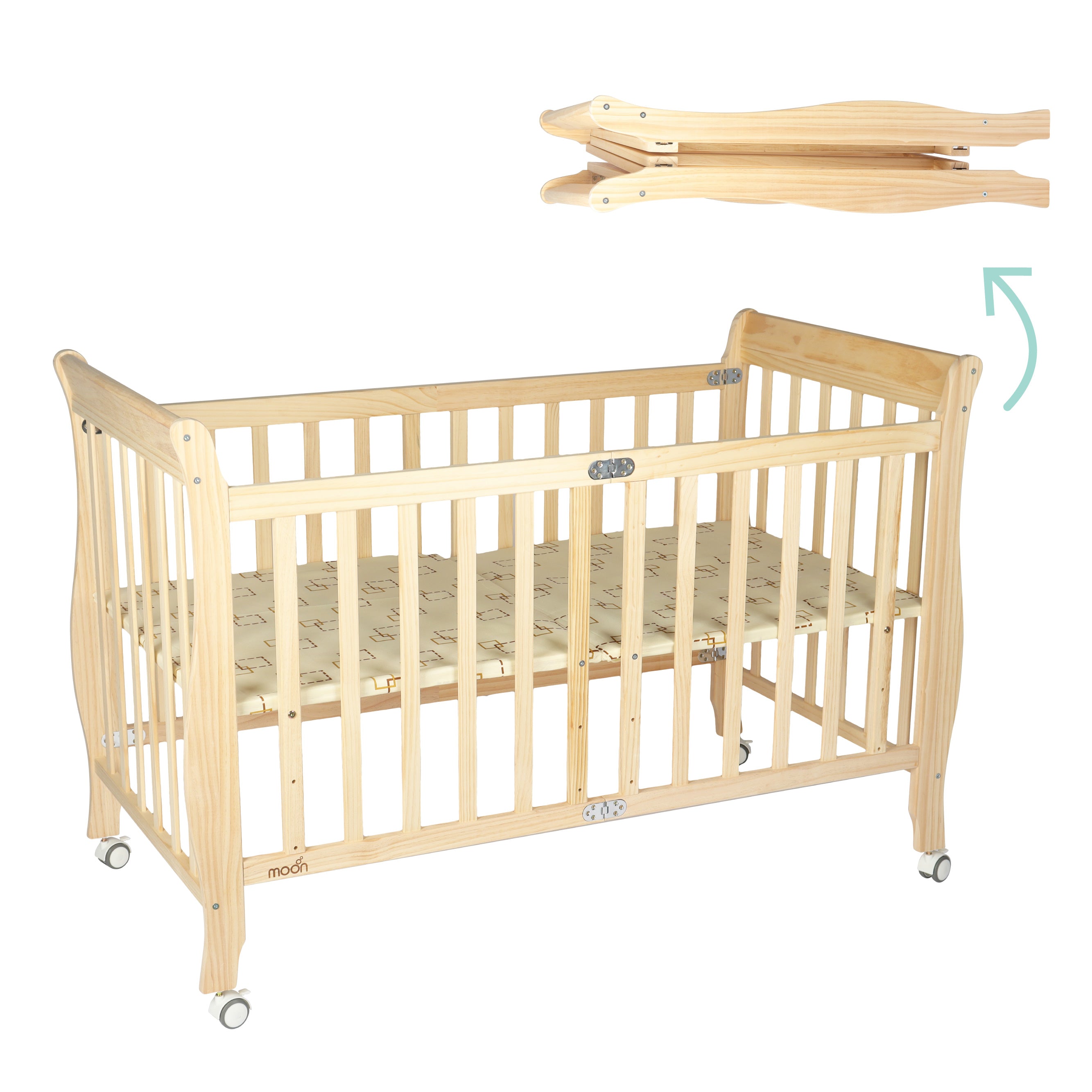 MOON Wooden Foldable Baby Crib (129X69X96 cm)-Natural wood