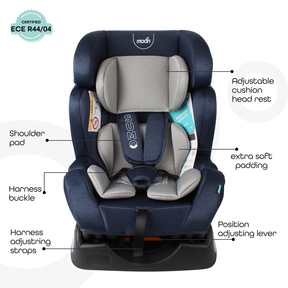 MOON Sumo Baby/Infant Car Seat (0-6 Years, 0-25 Kg, Navy Blue ) / Baby Back Seat Mirror (Black Twill) / Baby Back Seat Organizer (Black Twill) - The Moon Brand™
