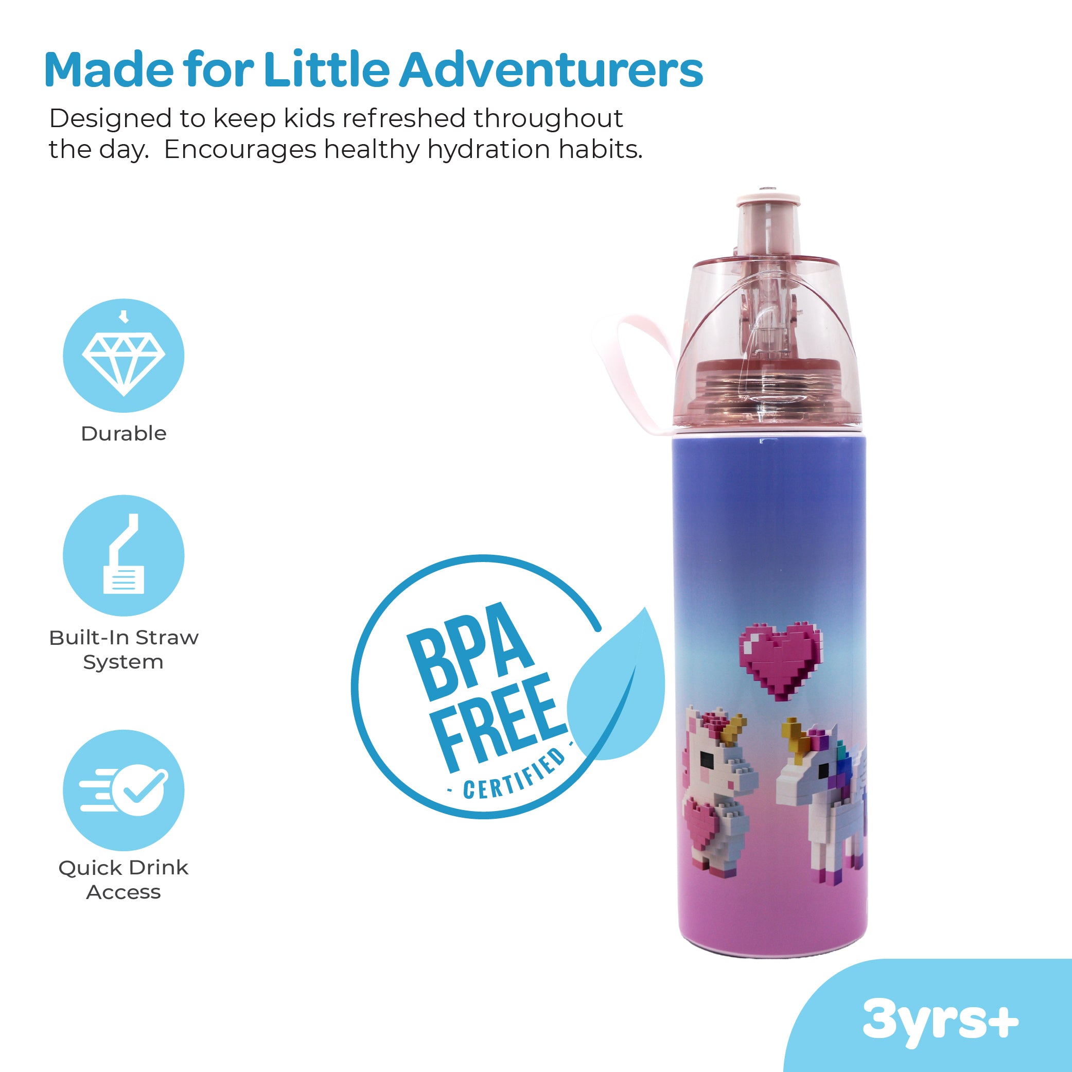 MOON Unicorn Kids Spray Mist Water Bottle 500ml Pink