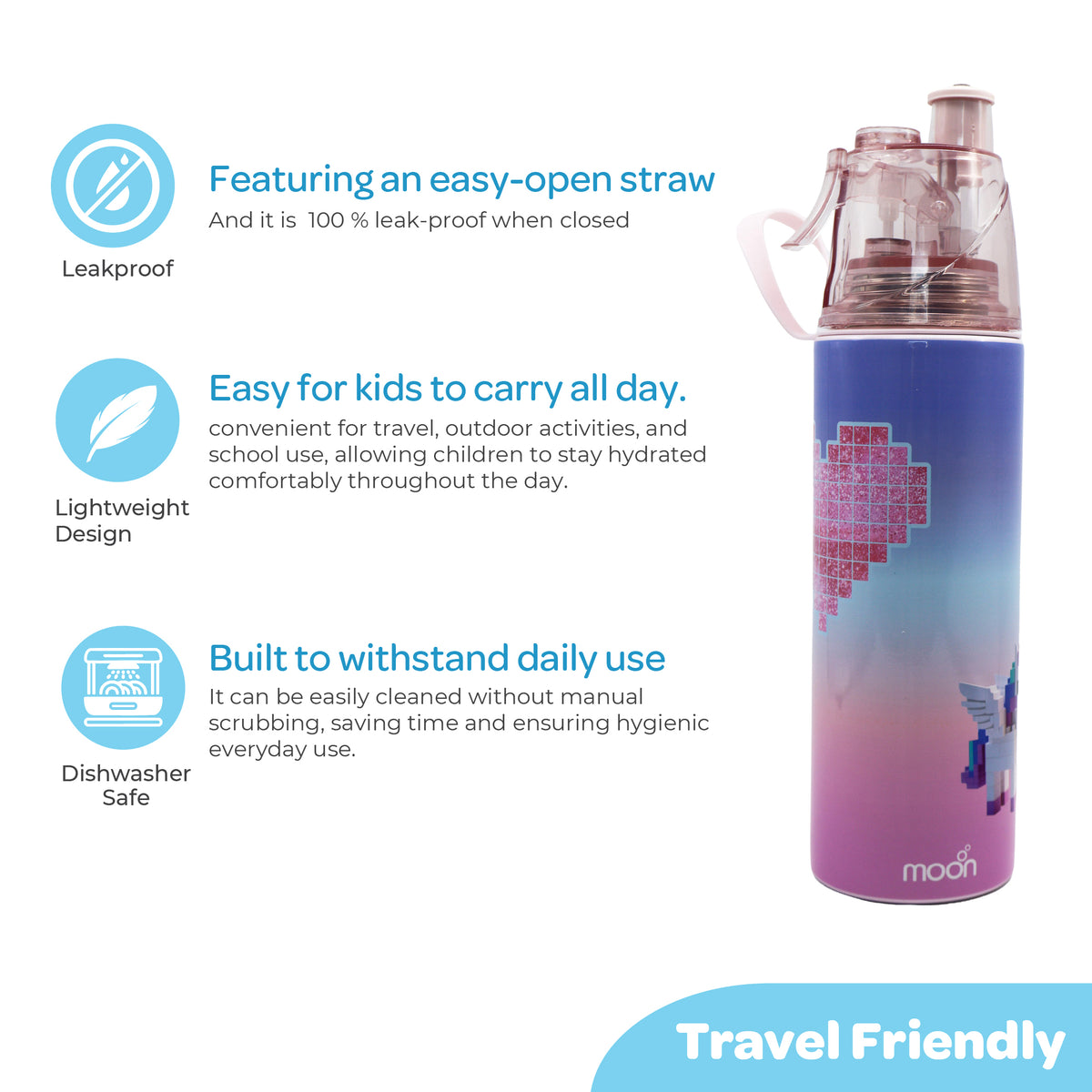 MOON Unicorn Kids Spray Mist Water Bottle 500ml Pink