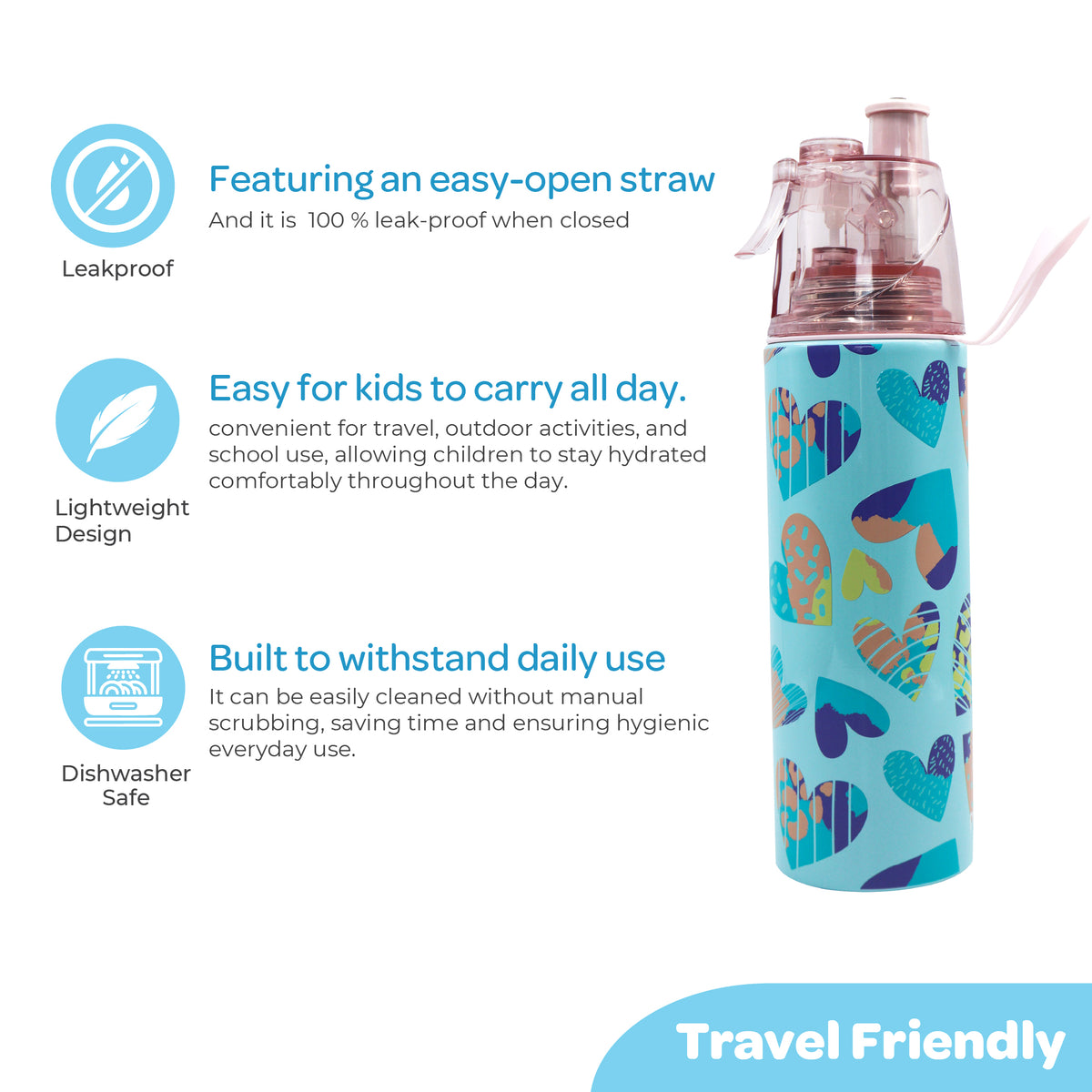 MOON Kids Mist Spray Water Bottle 500ml Stainless Steel