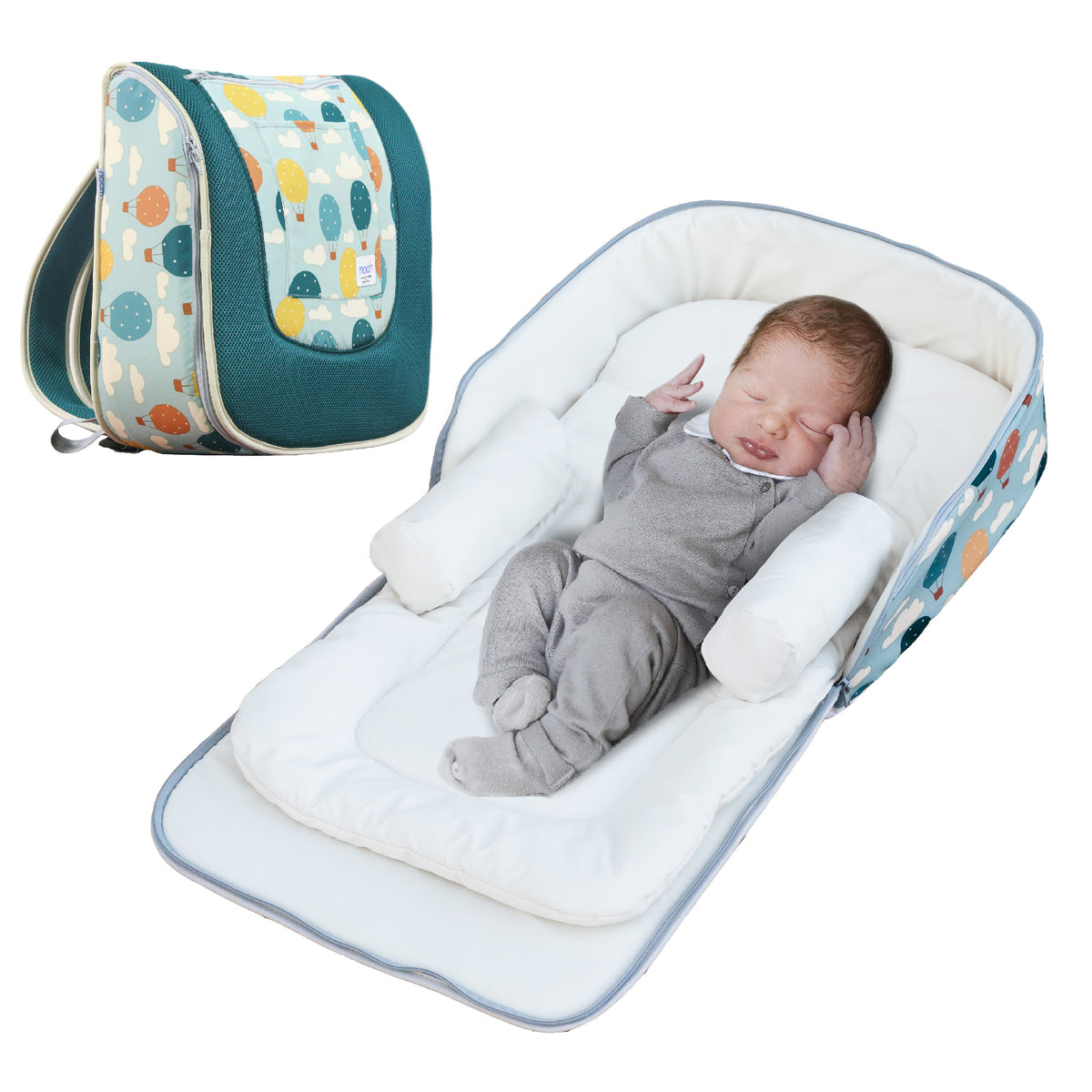 MOON Travalo - Travel Baby Bed & Backpack- (Green) / MOON Portable Diaper Changing Station-(Black Twill) / MOON Organic Cellular Blanket, 75 X 100 CM, (Blue) - The Moon Brand™