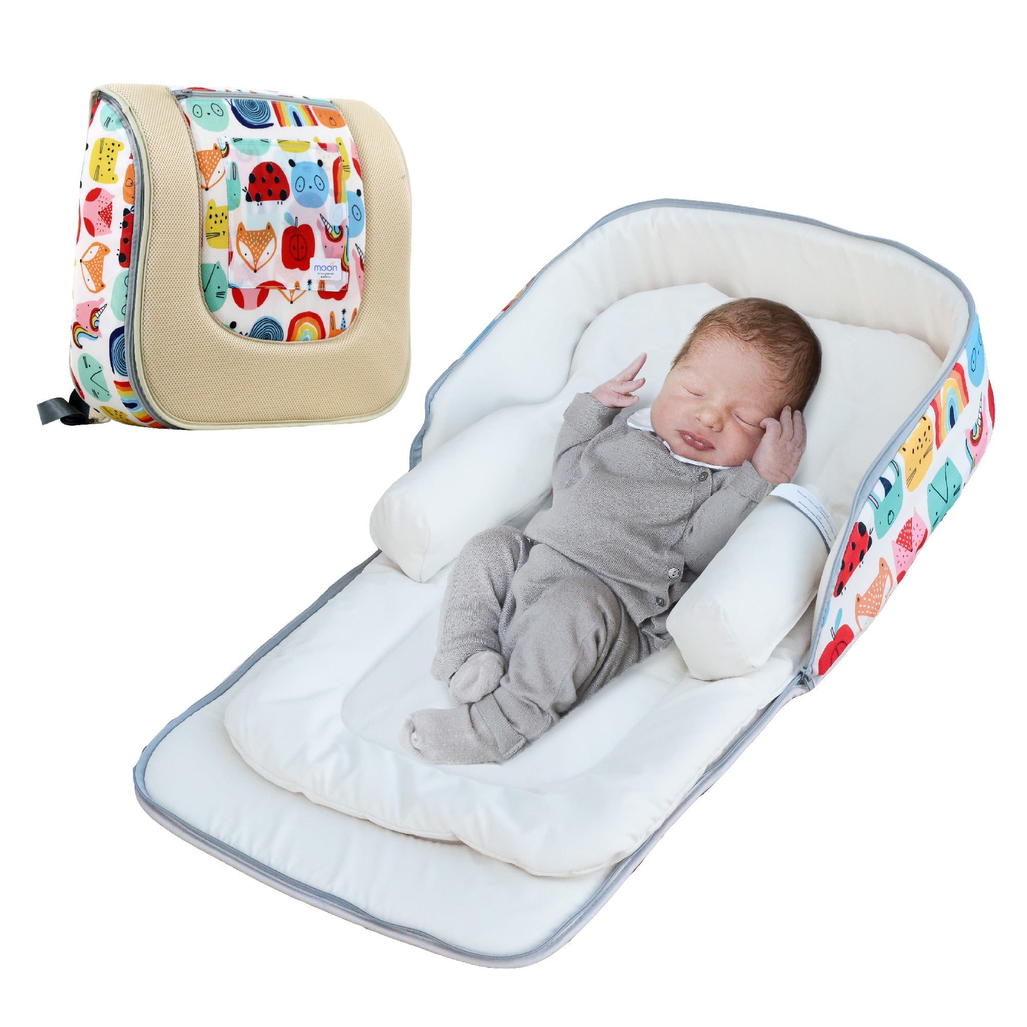 MOON Travalo - Travel Baby Bed & Backpack- Animal - Portable Baby Bed -Beige