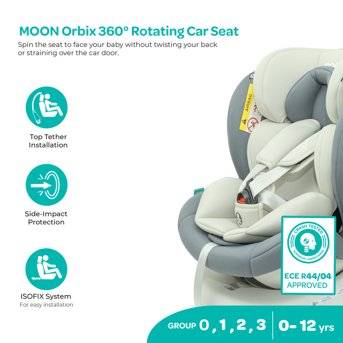 MOON Orbix 360° rotating Car Seat -0+/1/2/3, ISOFIX & Latch, Crash Tested (0-36kg)-Grey — The Moon Brand product image