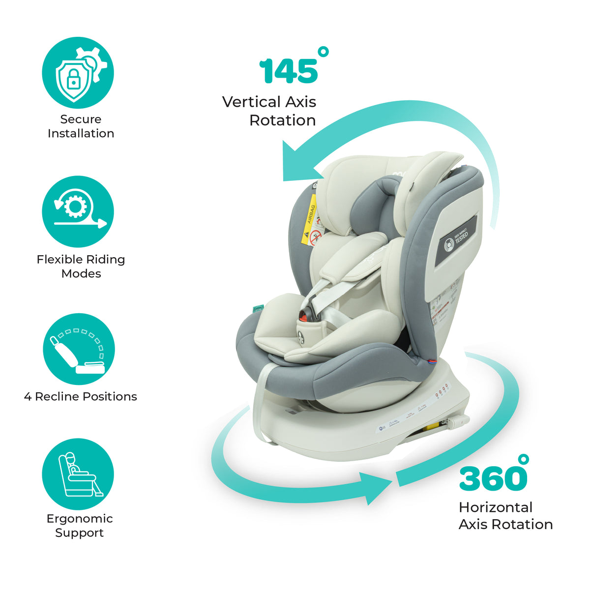 MOON Orbix 360° rotating Car Seat -0+/1/2/3, ISOFIX & Latch, Crash Tested (0-36kg)-Grey