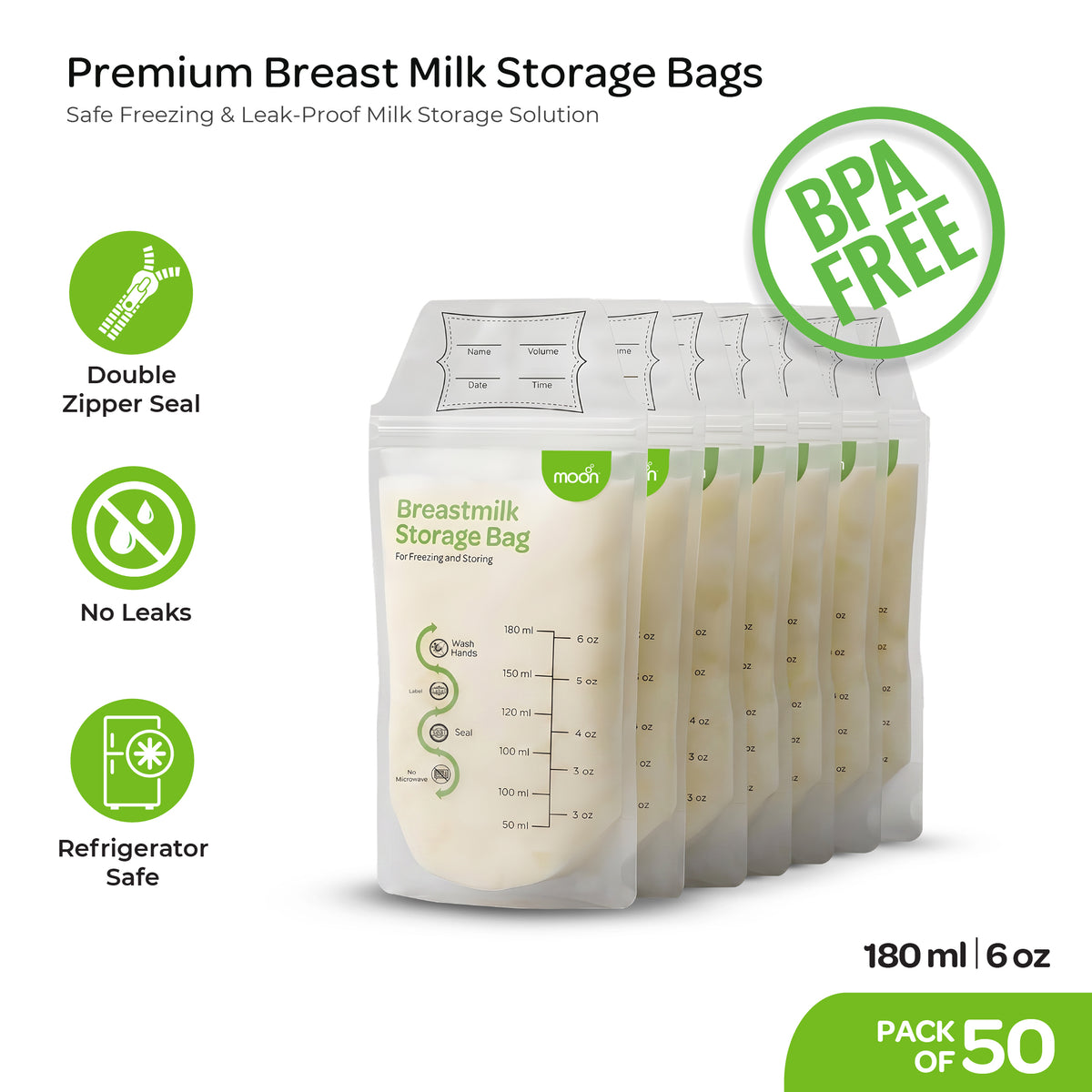 MOON Breastmilk Storage Bags – BPA-Free Leak Proof Bags 180ml