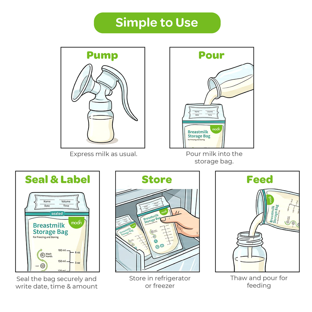 MOON Breastmilk Storage Bags – BPA-Free Leak Proof Bags 180ml