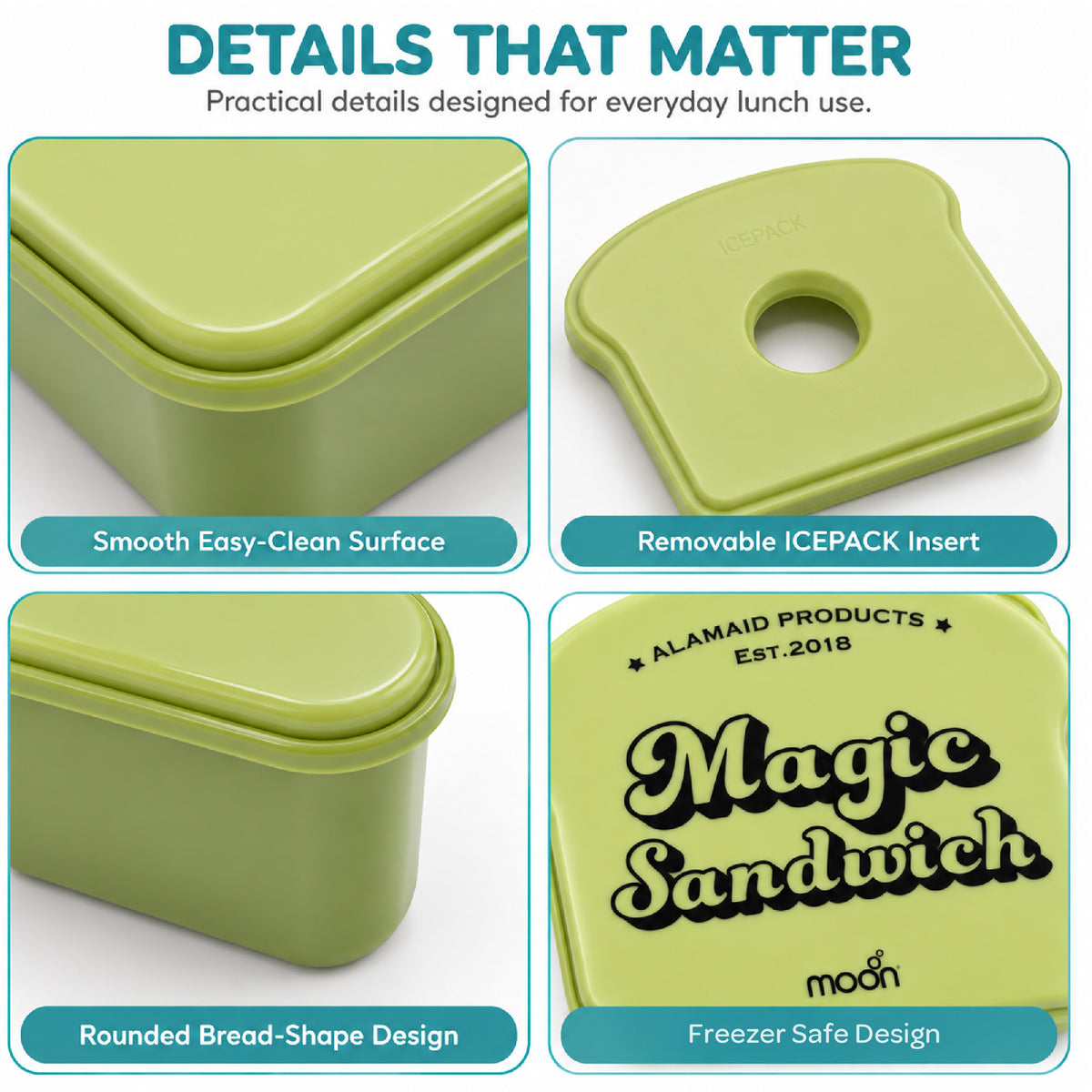 Moon Magic Sandwich Box for Kids – Bread-Shaped Lunch Container with Built-In Ice Pack Lid, 730ml