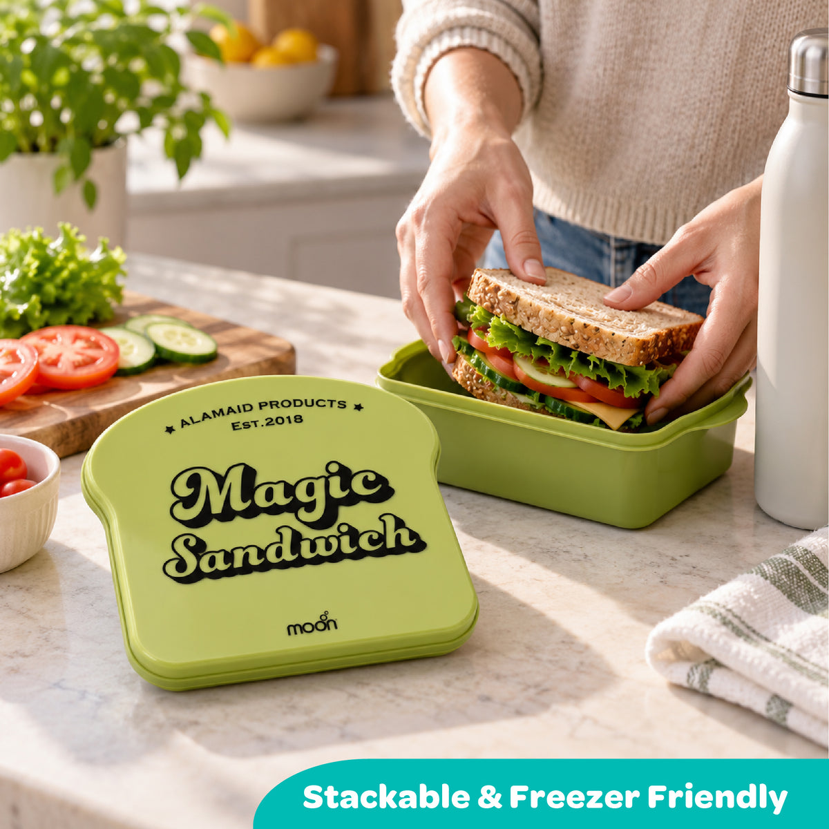 Moon Magic Sandwich Box for Kids – Bread-Shaped Lunch Container with Built-In Ice Pack Lid, 730ml
