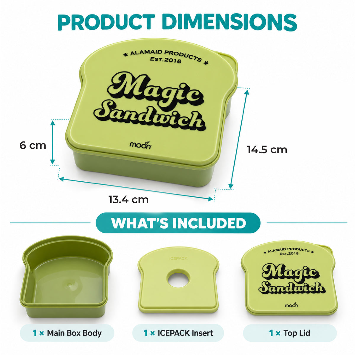 Moon Magic Sandwich Box for Kids – Bread-Shaped Lunch Container with Built-In Ice Pack Lid, 730ml