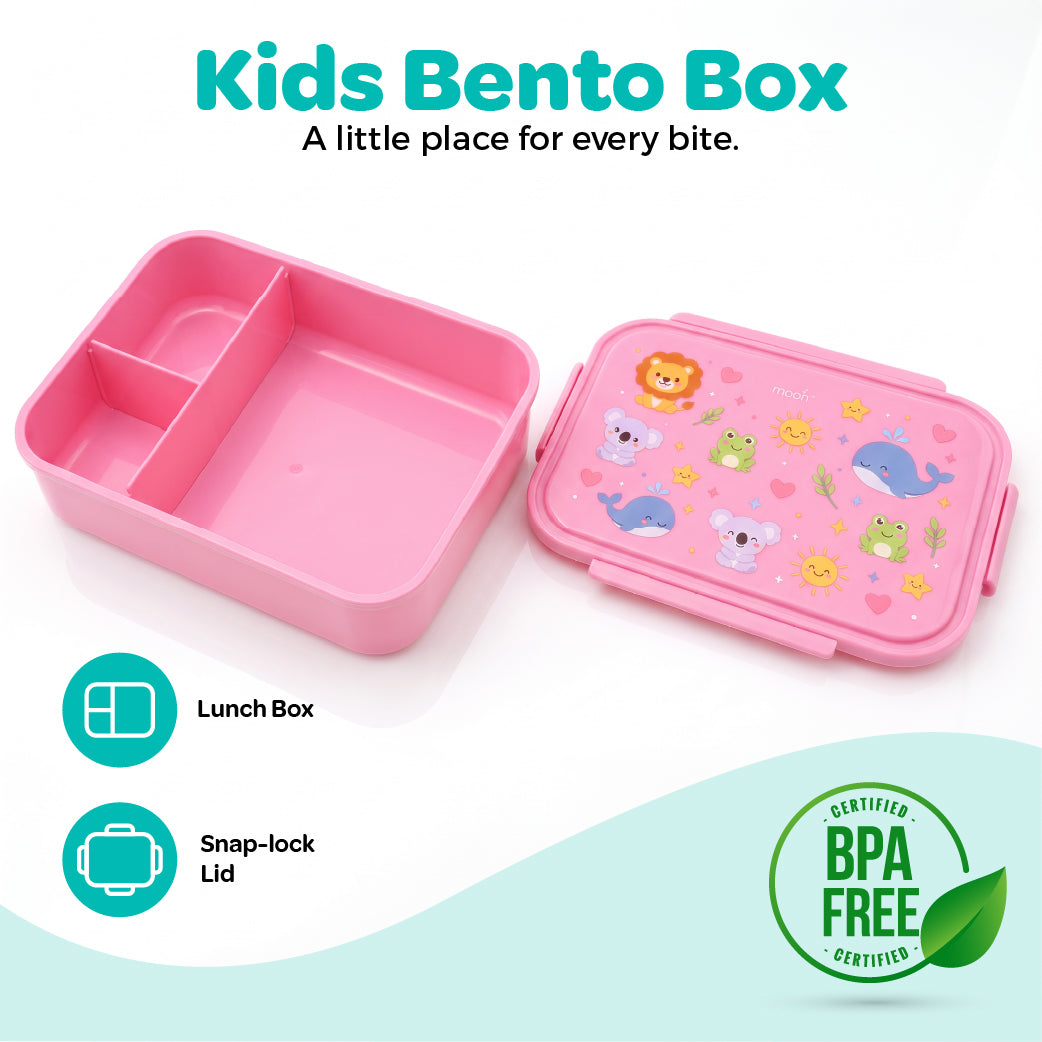 Moon Kids Lunch Box – Pink Leak-Proof Bento Box with Cute Animal Prints