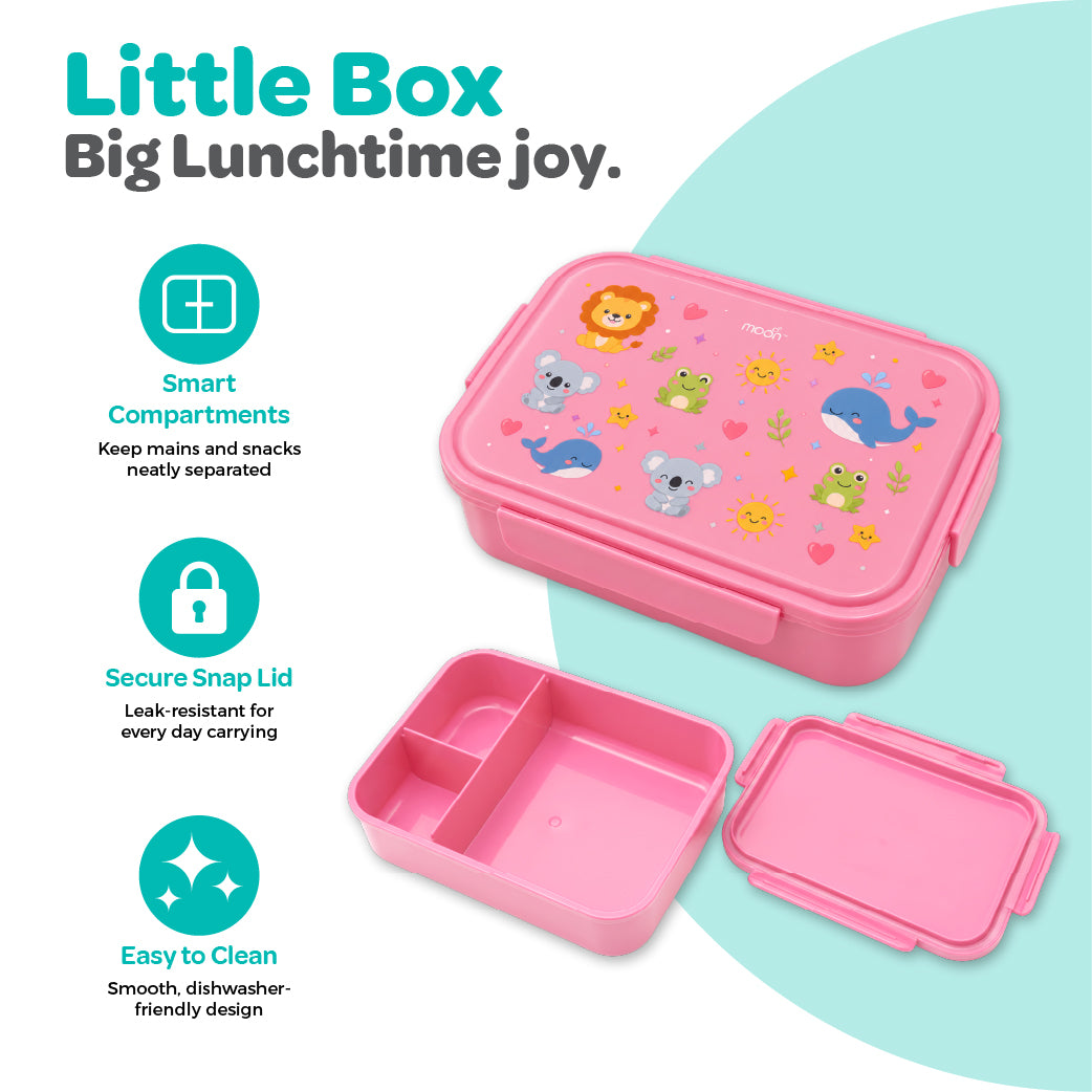 Moon Kids Lunch Box – Pink Leak-Proof Bento Box with Cute Animal Prints