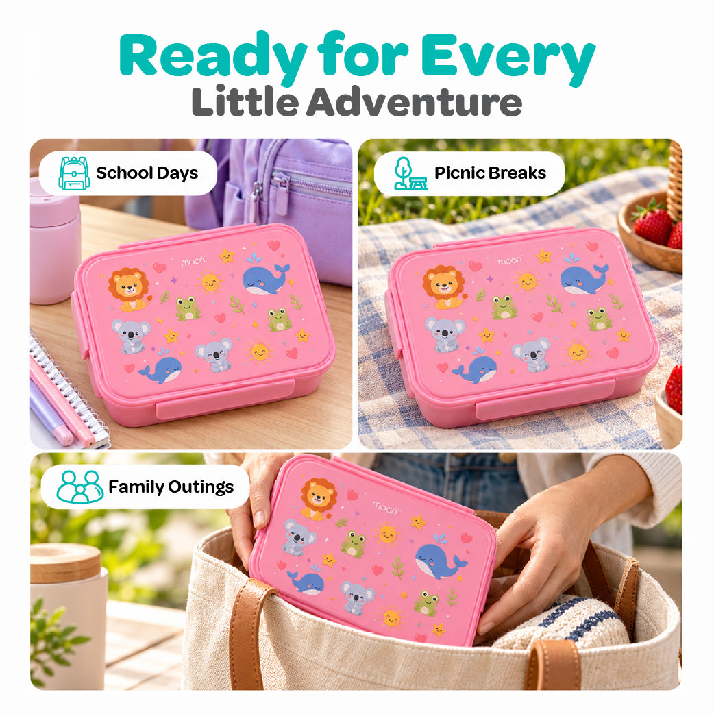 Moon Kids Lunch Box – Pink Leak-Proof Bento Box with Cute Animal Prints