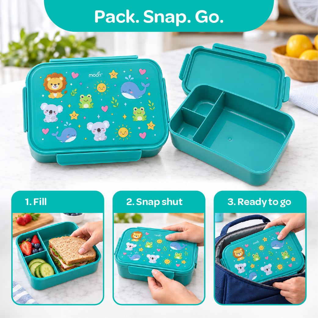 Moon Kids Lunch Box – Green Leak-Proof Bento Box with Cute Animal Prints