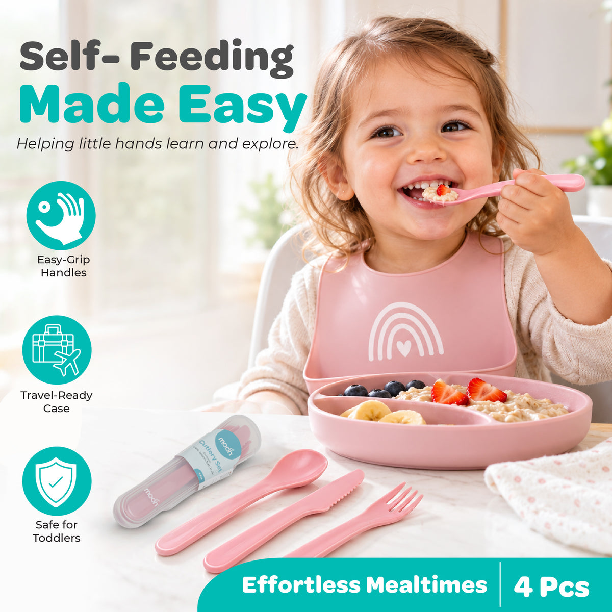 MOON 4-Piece Toddler Cutlery Set with Travel Case | Pink
