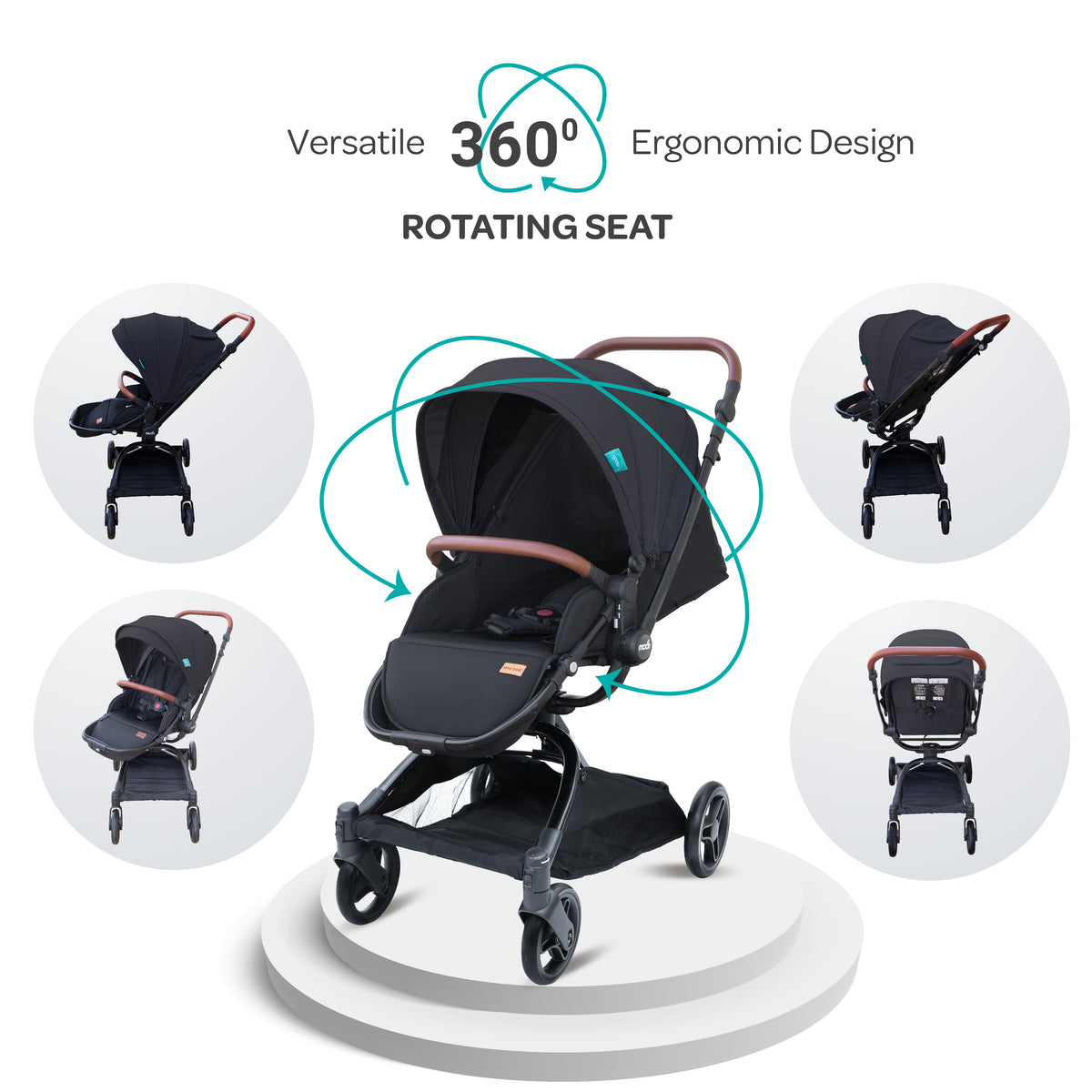 MOON Riche Advanced Baby Stroller ,360° Rotating Handle-Black - The Moon Brand™