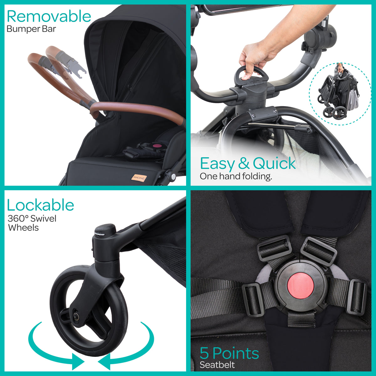 MOON Riche Advanced Baby Stroller ,360° Rotating Handle-Black - The Moon Brand™