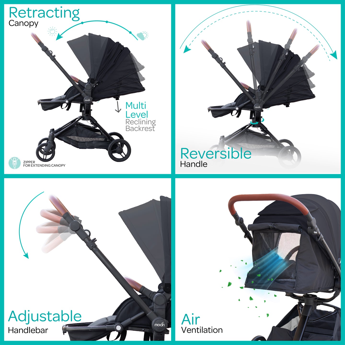 MOON Riche Advanced Baby Stroller (360° Rotating Handle, Black) / Moms Travel Bag / Good Night Spiral Toy / Cup Holder - The Moon Brand™