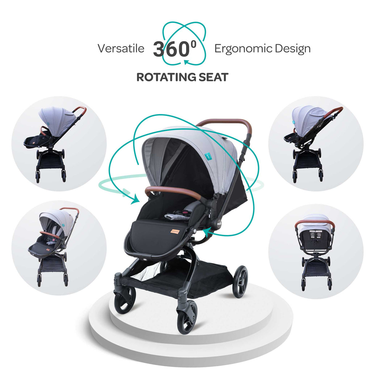 MOON Riche Advanced Baby Stroller ,360° Rotating Handle- Grey - The Moon Brand™