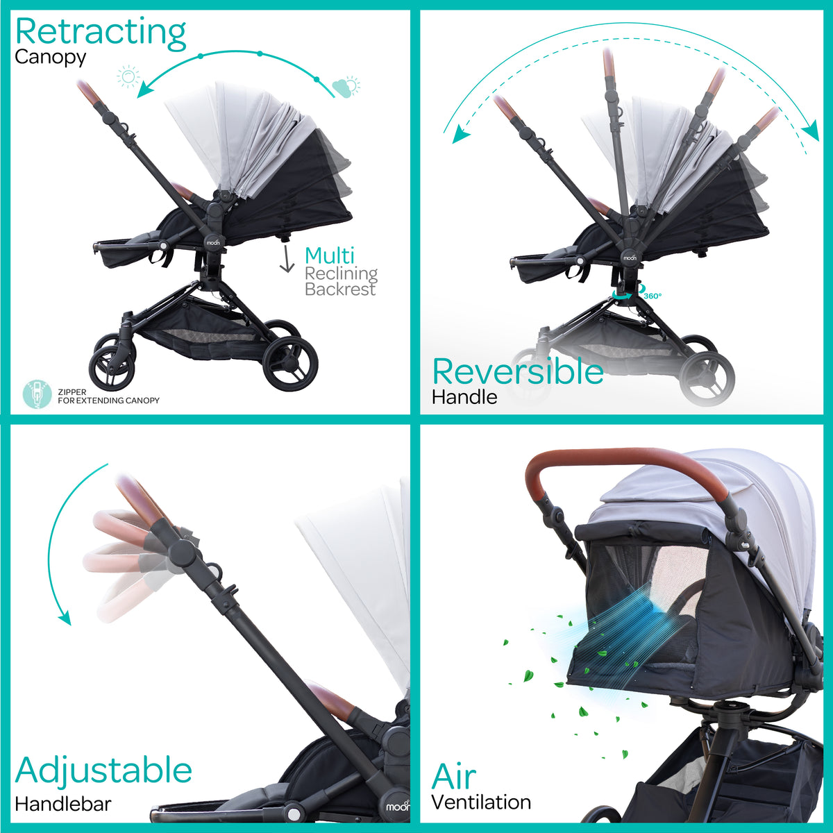 MOON Riche Advanced Baby Stroller ,360° Rotating Handle-Black - The Moon Brand™