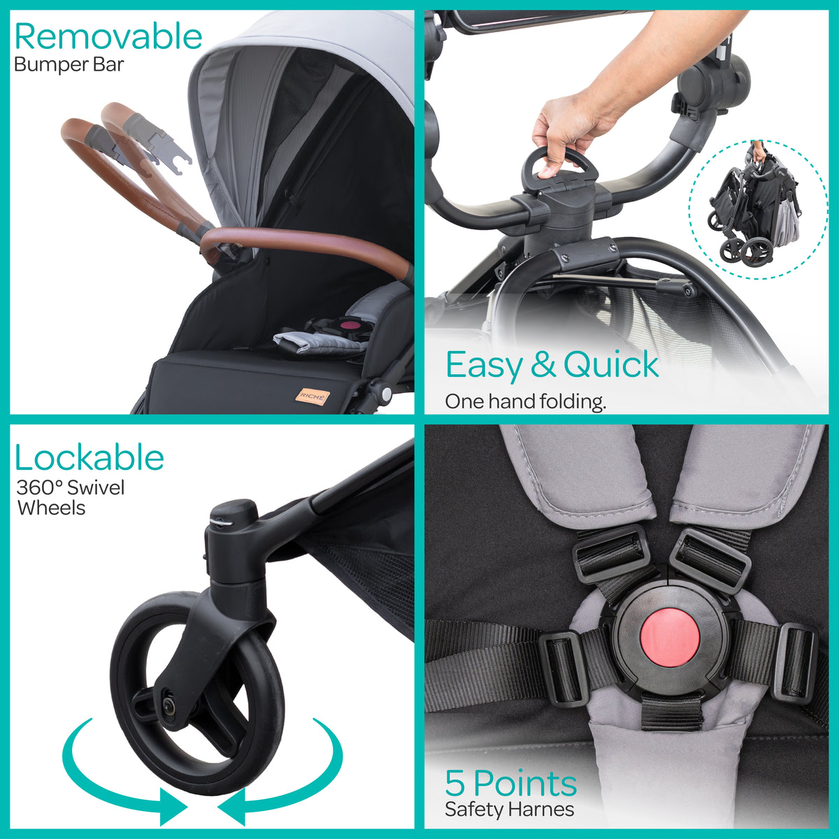 MOON Riche Advanced Baby Stroller ,360° Rotating Handle-Black - The Moon Brand™