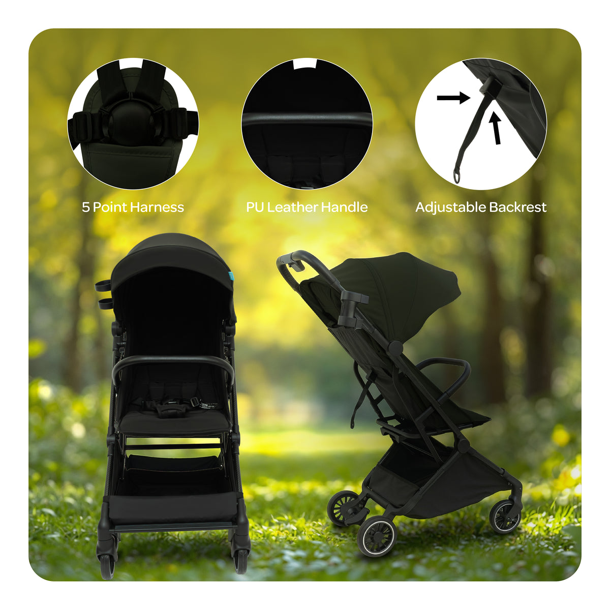 The MOON Brand Tripzi Carbon Fiber Cabin Stroller – Ultra-Lightweight Travel-Ready Stroller with Easy Fold, Five-Point Safety Harness & Leather Handle - The Moon Brand™