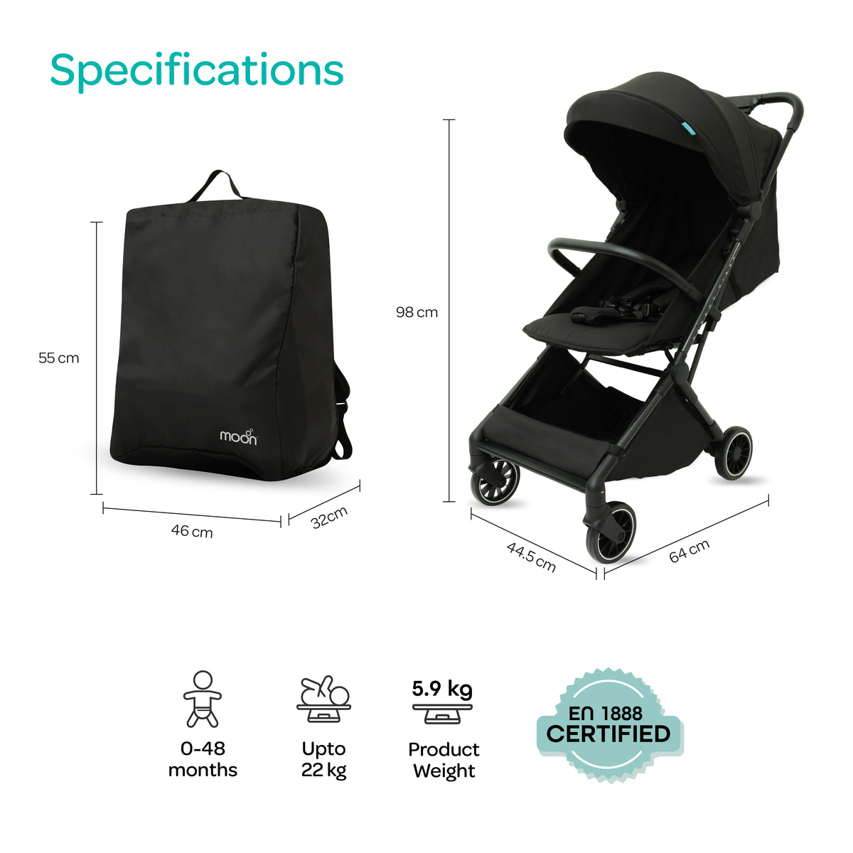 The MOON Brand Tripzi Carbon Fiber Cabin Stroller – Ultra-Lightweight Travel-Ready Stroller with Easy Fold, Five-Point Safety Harness & Leather Handle - The Moon Brand™