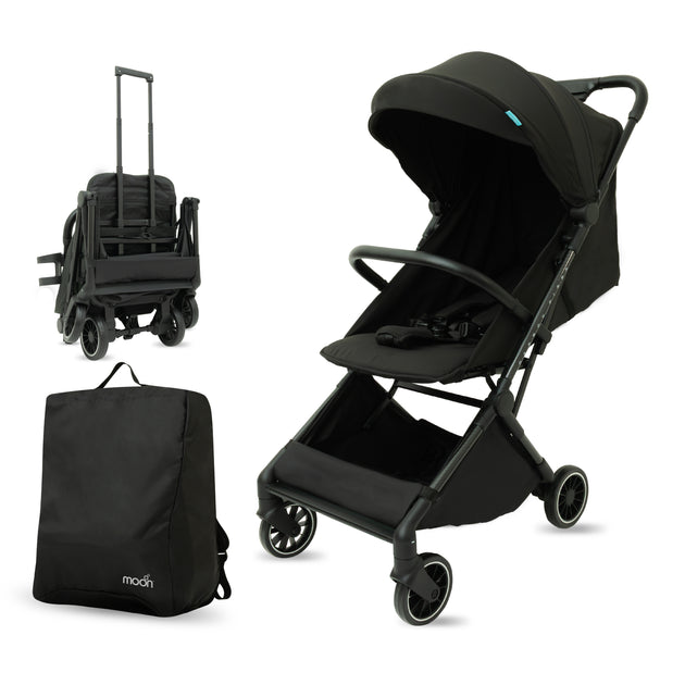 The MOON Brand Tripzi Carbon Fiber Cabin Stroller – Ultra-Lightweight Travel-Ready Stroller with Easy Fold, Five-Point Safety Harness & Leather Handle - The Moon Brand™