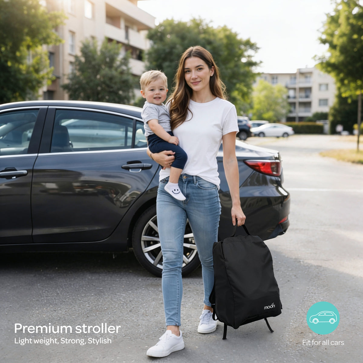 The MOON Brand Tripzi Carbon Fiber Cabin Stroller – Ultra-Lightweight Travel-Ready Stroller with Easy Fold, Five-Point Safety Harness & Leather Handle - The Moon Brand™
