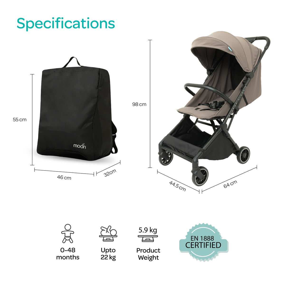 The MOON Brand Tripzi Carbon Fiber Cabin Stroller – Ultra-Lightweight Travel-Ready Stroller with Easy Fold, Five-Point Safety Harness & Leather Handle - The Moon Brand™
