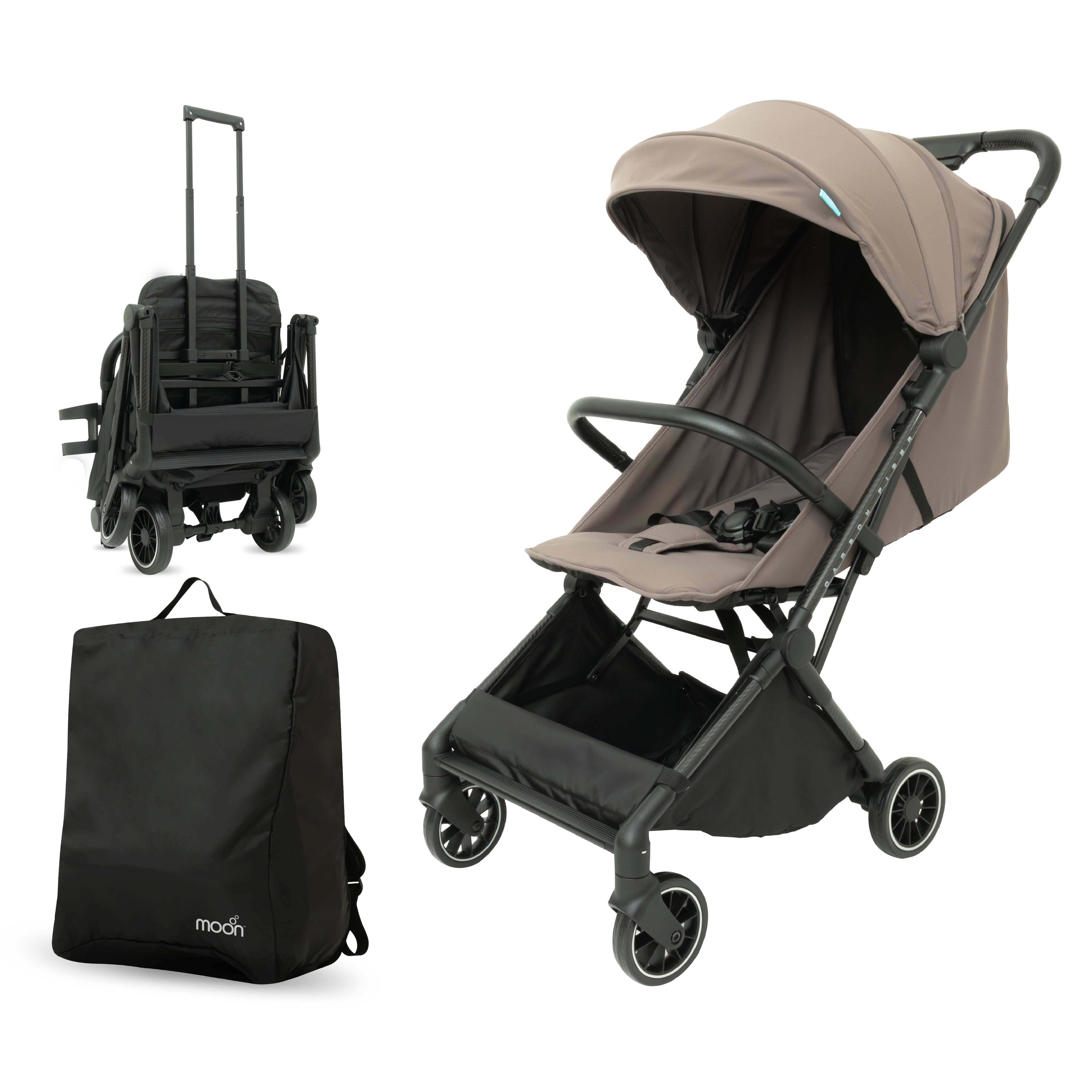 The MOON Brand Tripzi Carbon Fiber Cabin Stroller – Ultra-Lightweight Travel-Ready Stroller with Easy Fold, Five-Point Safety Harness & Leather Handle - The Moon Brand™