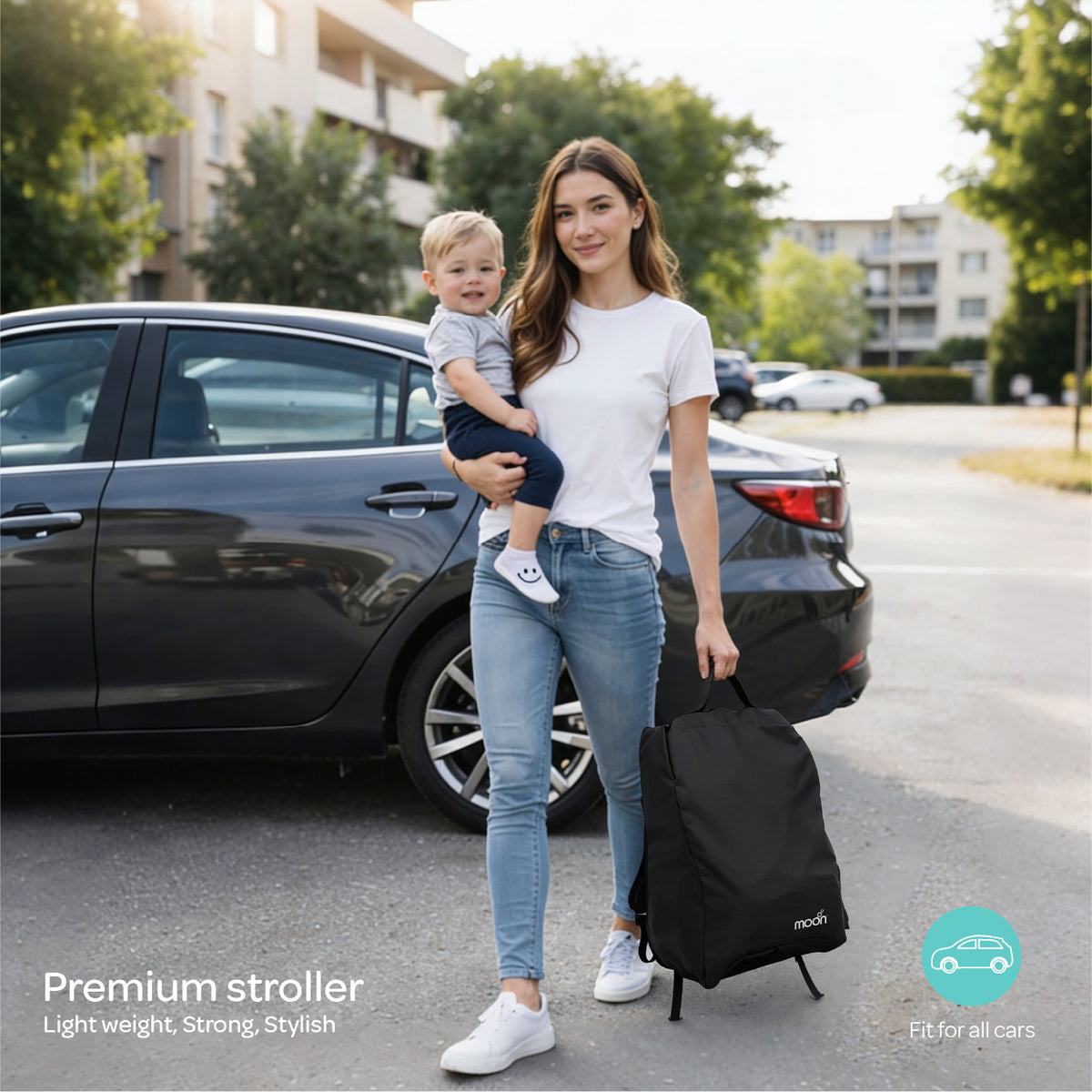 The MOON Brand Tripzi Carbon Fiber Cabin Stroller – Ultra-Lightweight Travel-Ready Stroller with Easy Fold, Five-Point Safety Harness & Leather Handle - The Moon Brand™