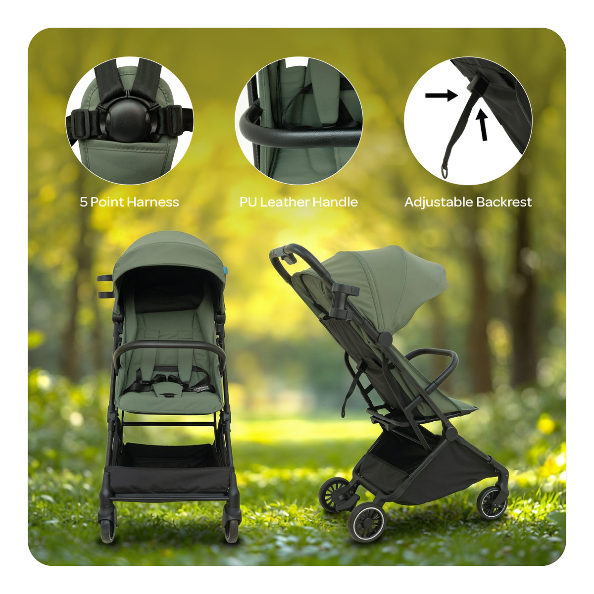 The MOON Brand Tripzi Carbon Fiber Cabin Stroller – Ultra-Lightweight Travel-Ready Stroller with Easy Fold, Five-Point Safety Harness & Leather Handle - The Moon Brand™