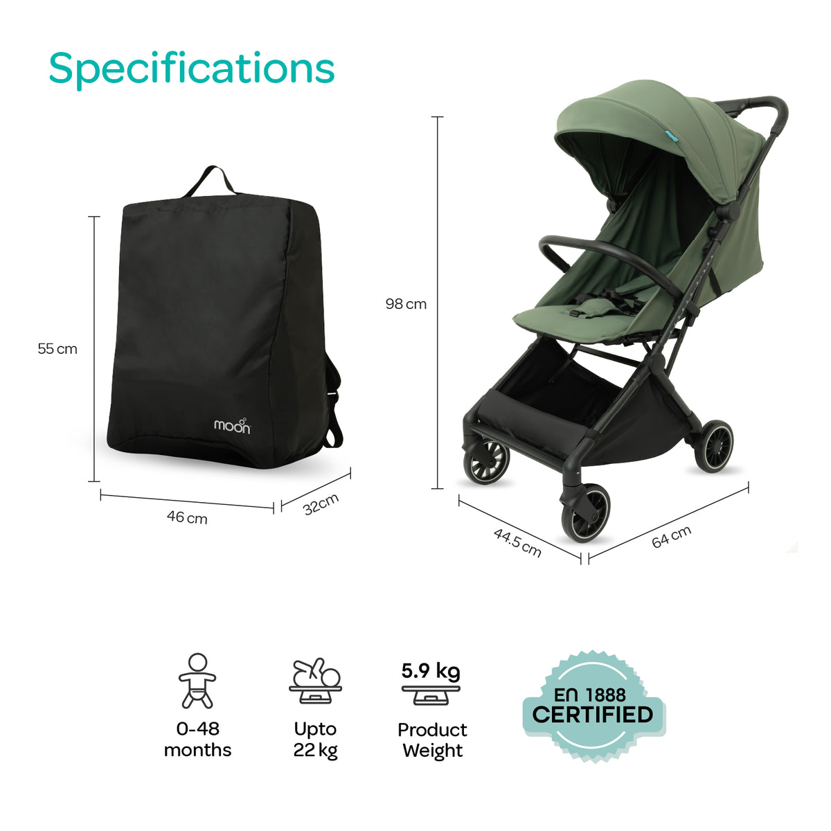 The MOON Brand Tripzi Carbon Fiber Cabin Stroller – Ultra-Lightweight Travel-Ready Stroller with Easy Fold, Five-Point Safety Harness & Leather Handle - The Moon Brand™