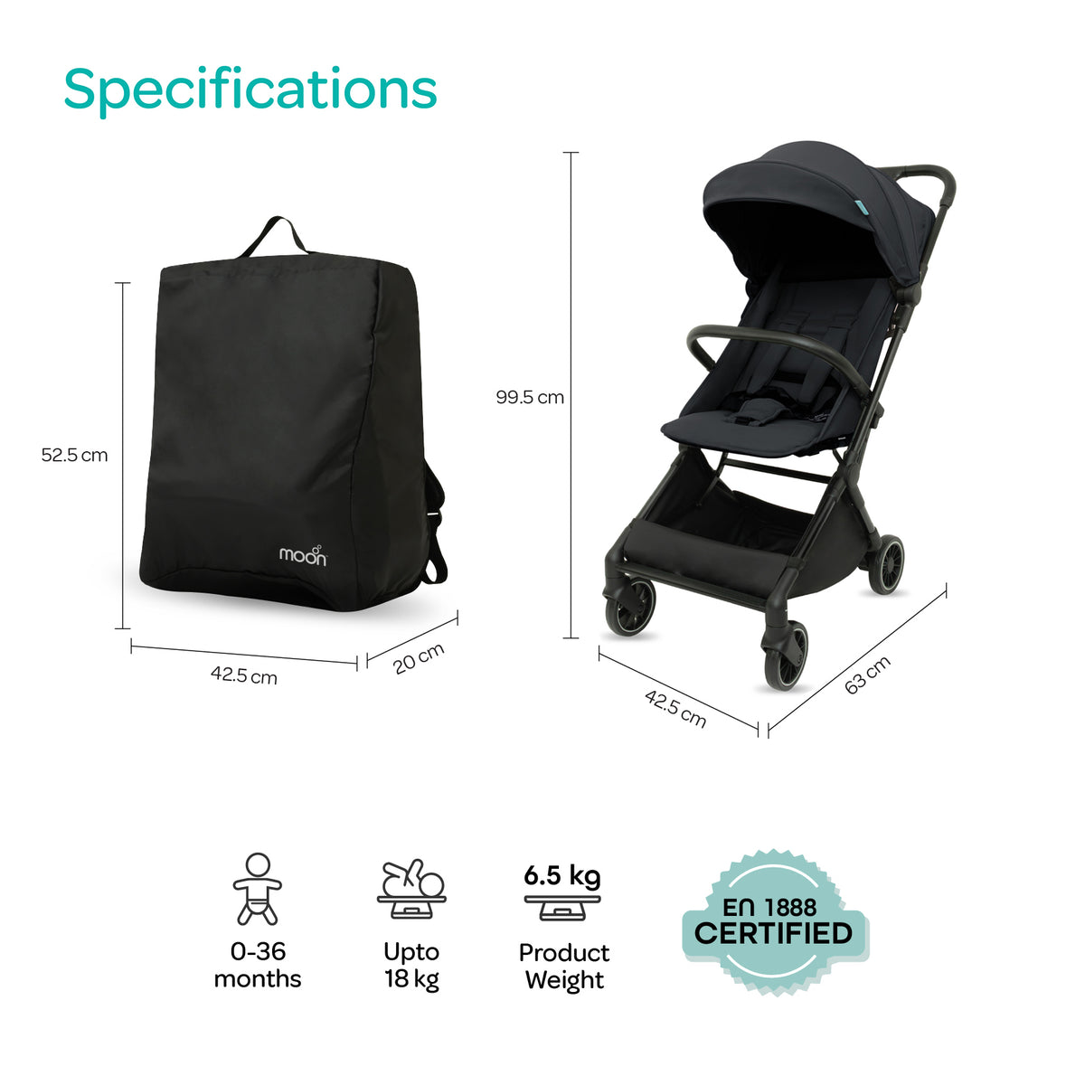 MOON Alora Lightweight Baby Stroller- Ultra Compact Cabin-Size Fold & UPF Canopy | 0-3 Years, Black — The Moon Brand product image