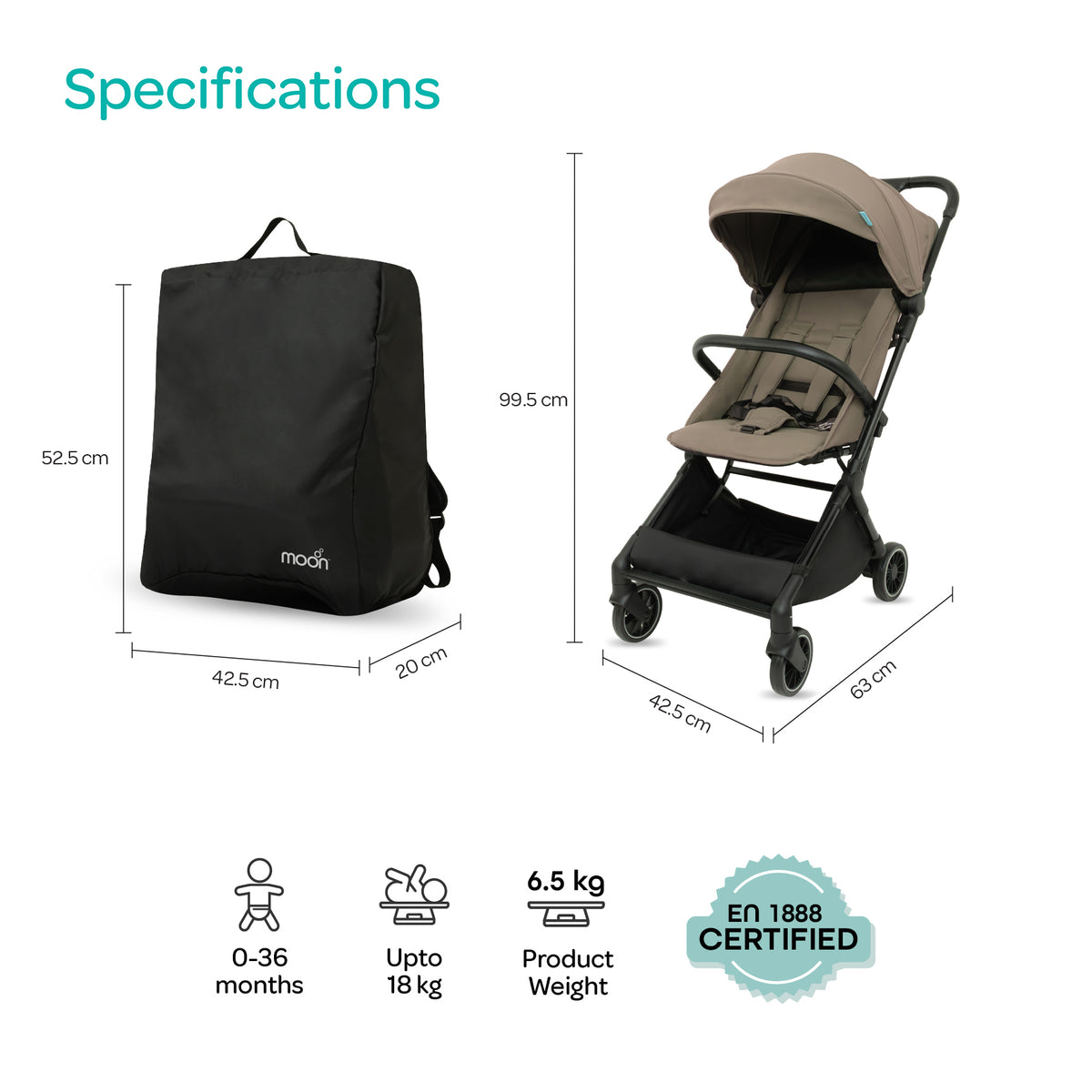 MOON Alora Lightweight Baby Stroller- Ultra Compact Cabin-Size Fold & UPF Canopy | 0-3 Years, Chocolate — The Moon Brand product image