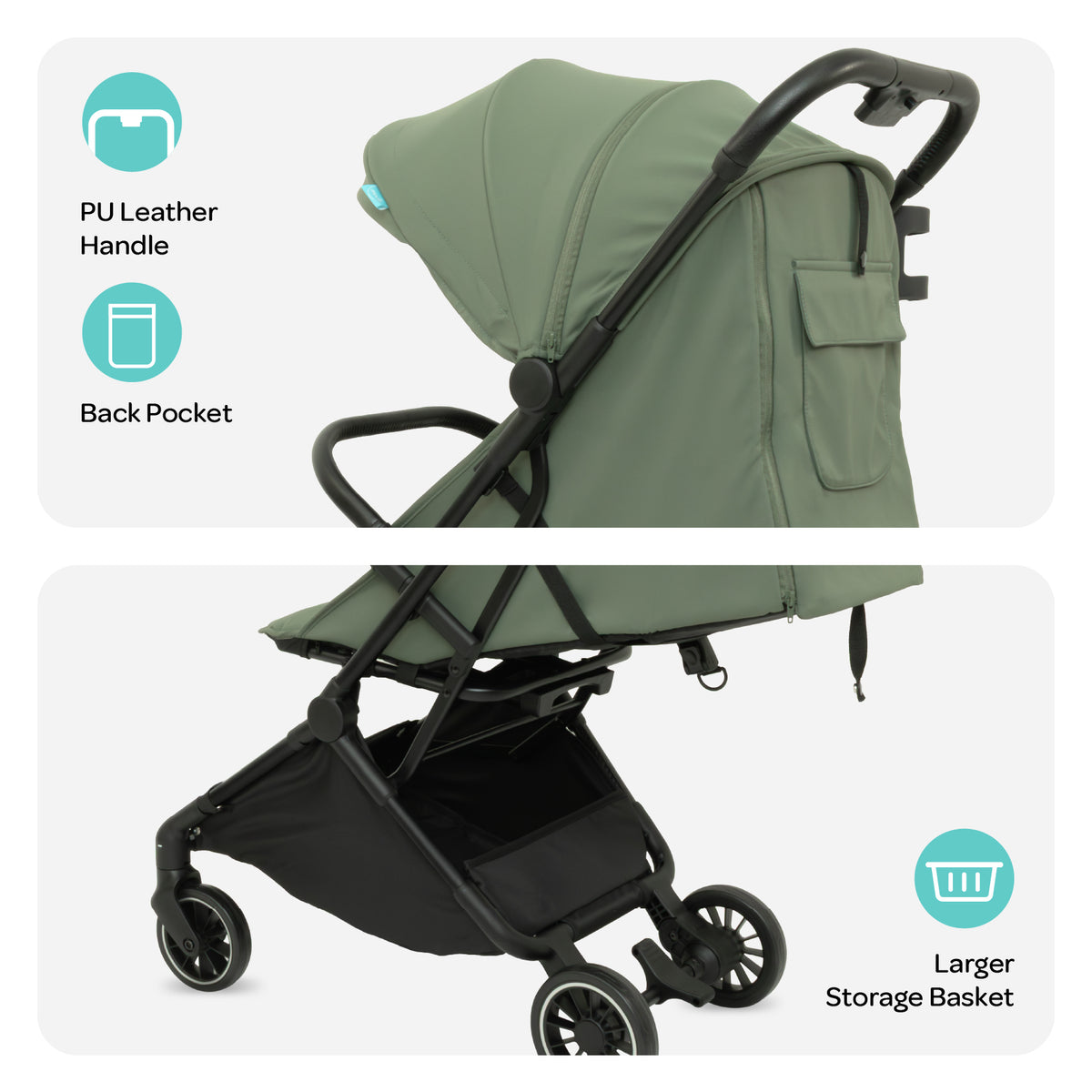 MOON Alora Lightweight Baby Stroller- Ultra Compact Cabin-Size Fold & UPF Canopy | 0-3 Years, Sage Green — The Moon Brand product image