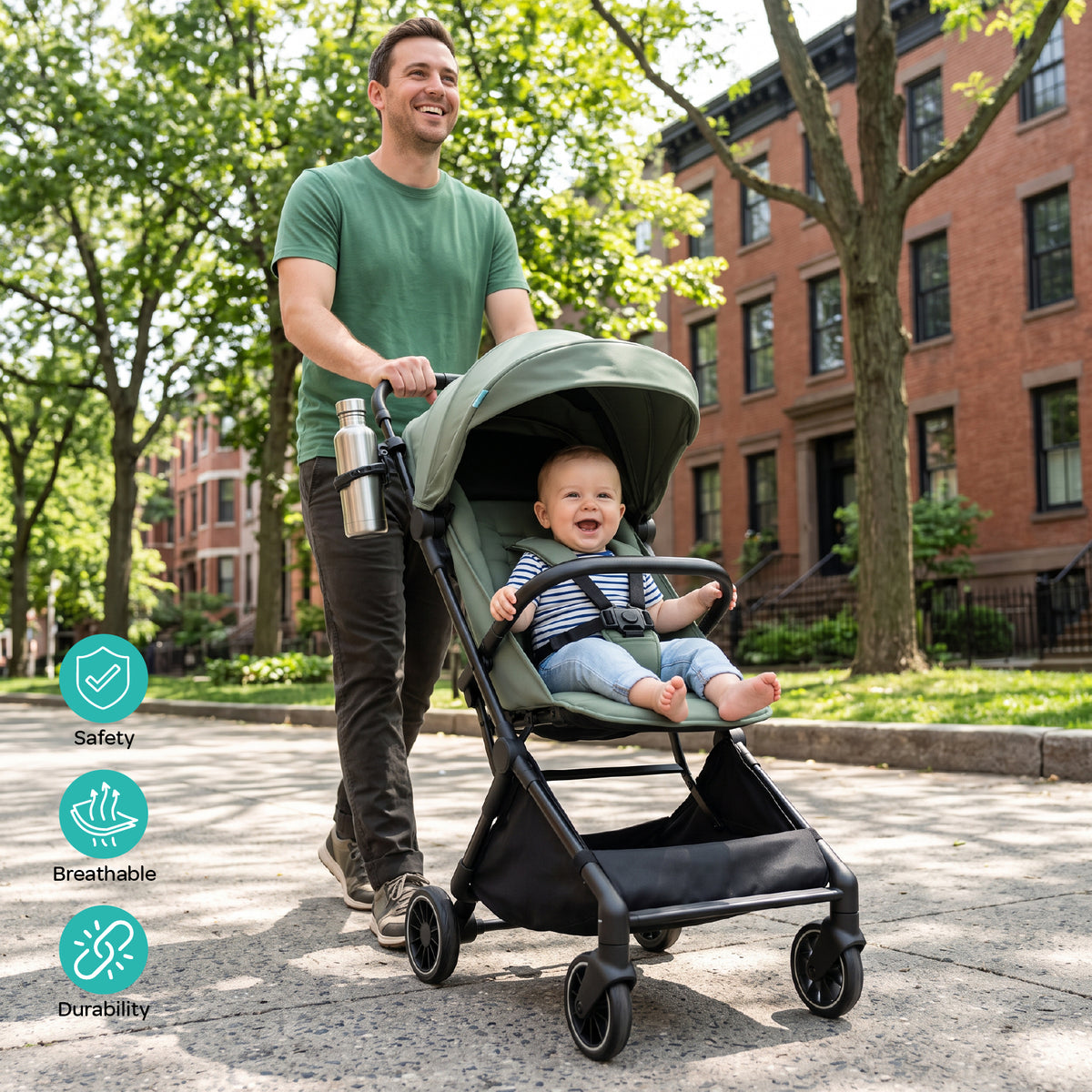 MOON Alora Lightweight Baby Stroller- Ultra Compact Cabin-Size Fold & UPF Canopy | 0-3 Years, Sage Green — The Moon Brand product image